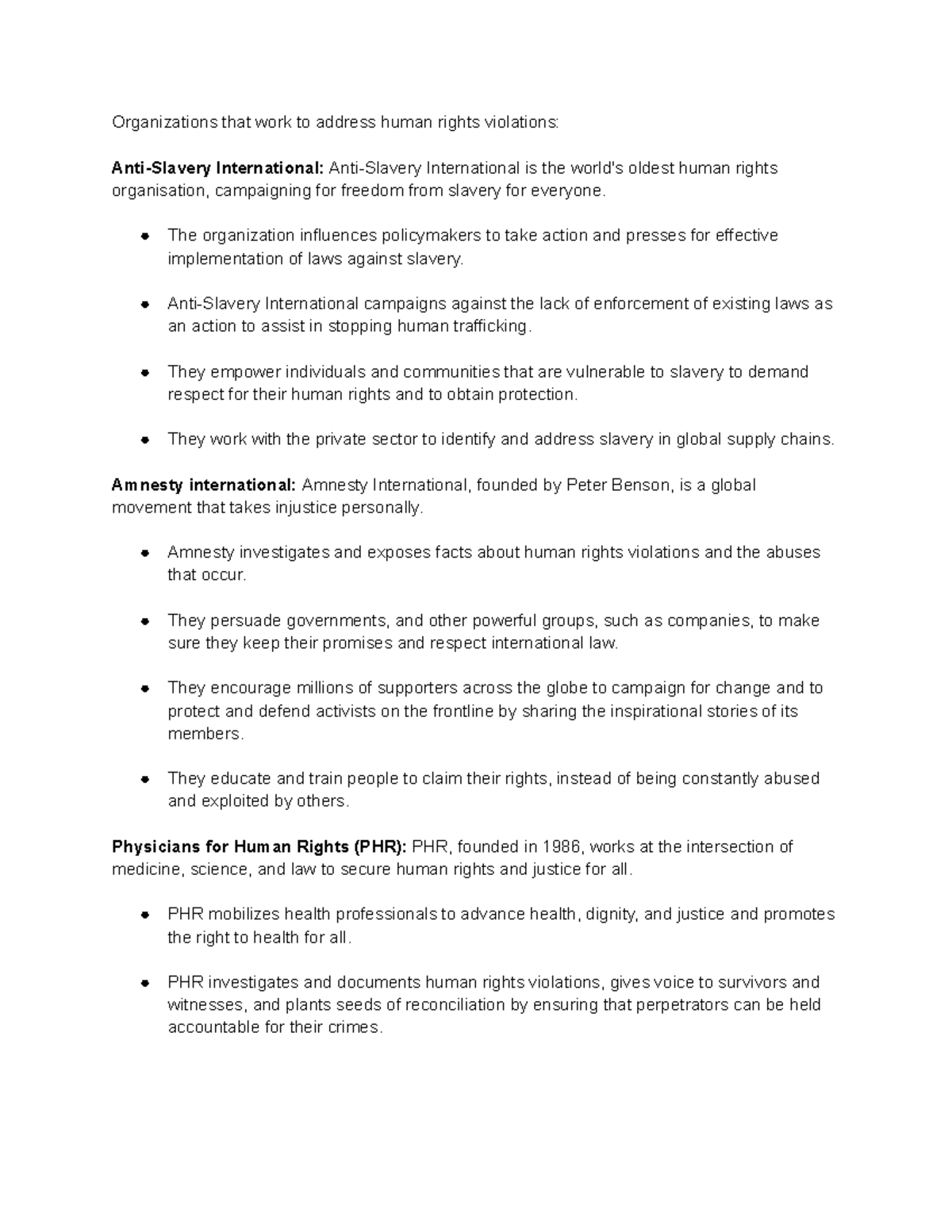 LO assignment - LO notes - Organizations that work to address human ...