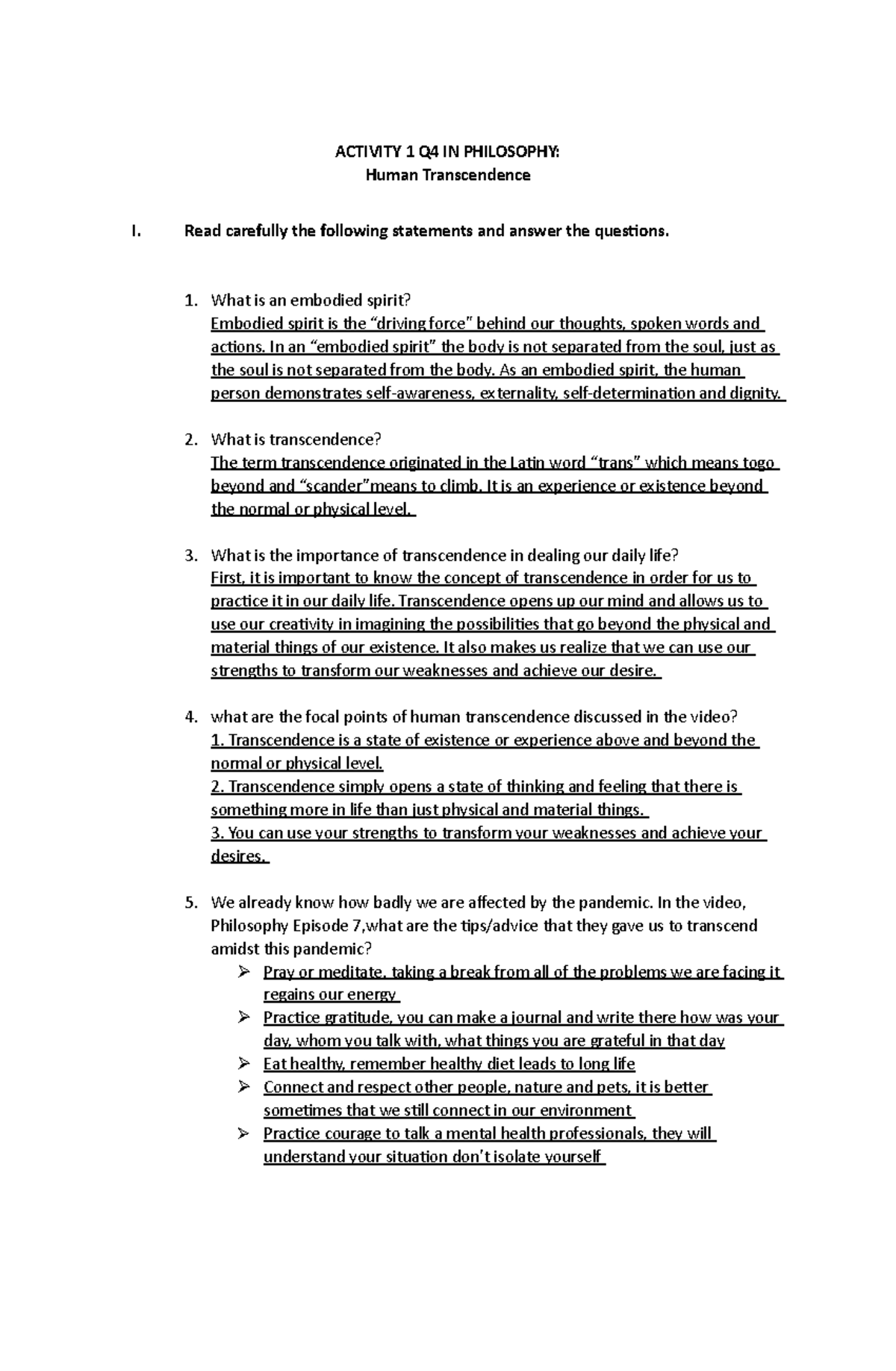 Philosophy-Human Transcendece - ACTIVITY 1 Q4 IN PHILOSOPHY: Human ...