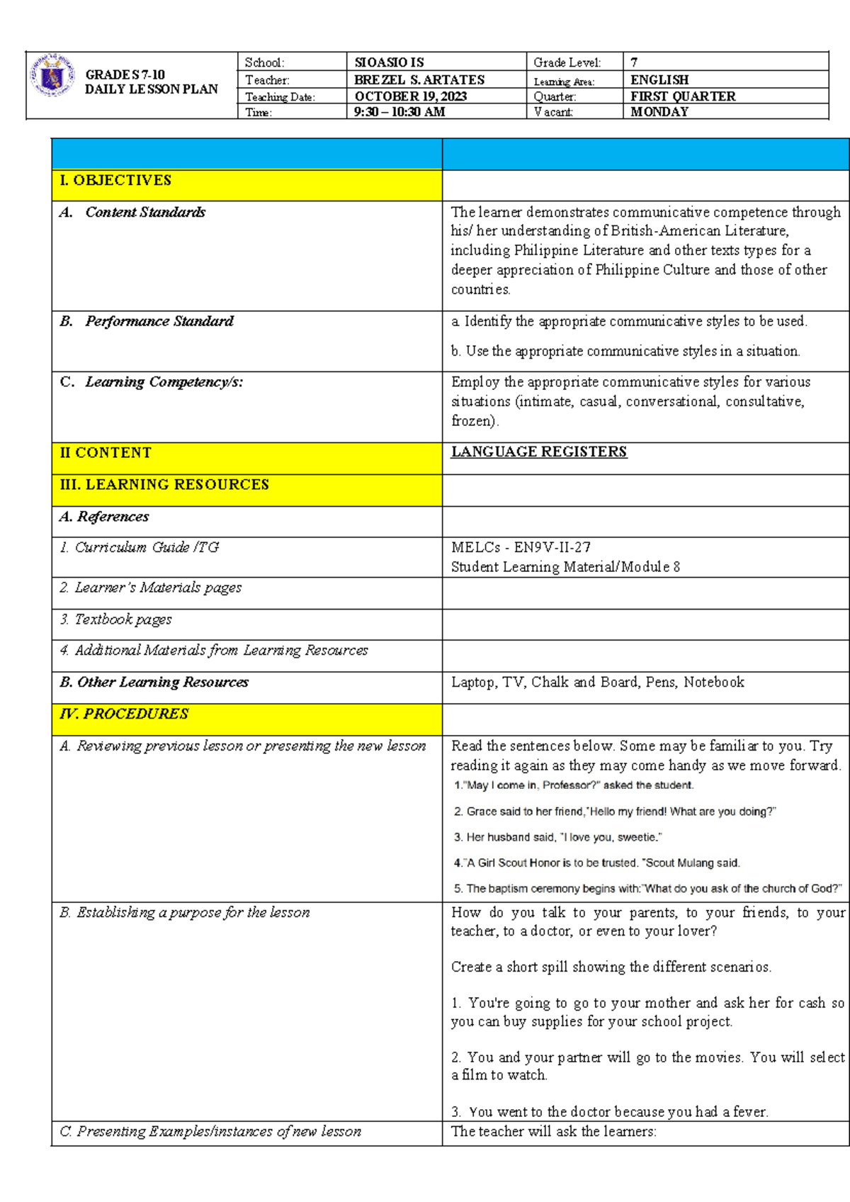 COT1-1ST Quarter - COT Lesson Plan - GRADES 7- DAILY LESSON PLAN School ...