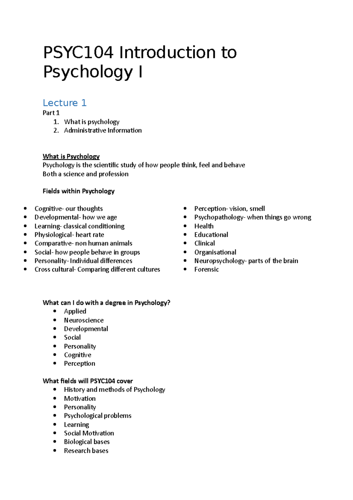 PSYC104 lecture notes - PSYC104 Introduction to Psychology I Lecture 1 ...