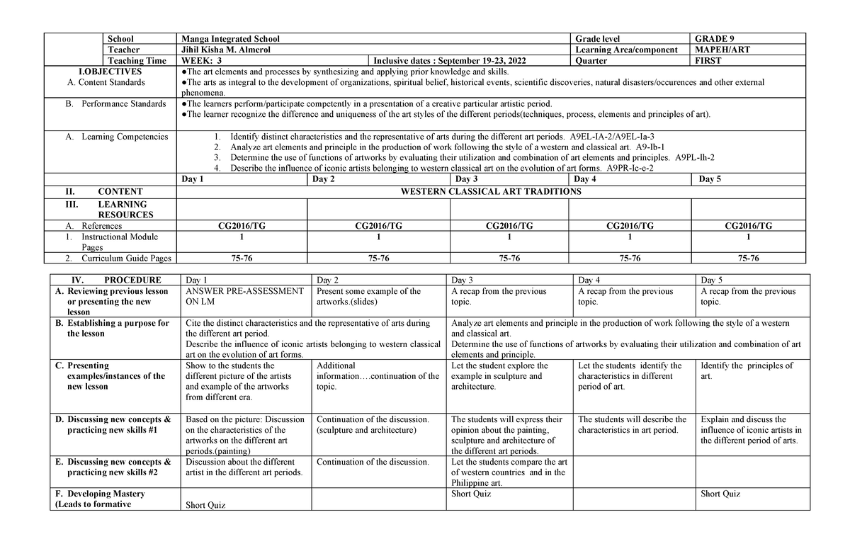 DLL art 9 quarter 1 w3 - dll - School Manga Integrated School Grade ...