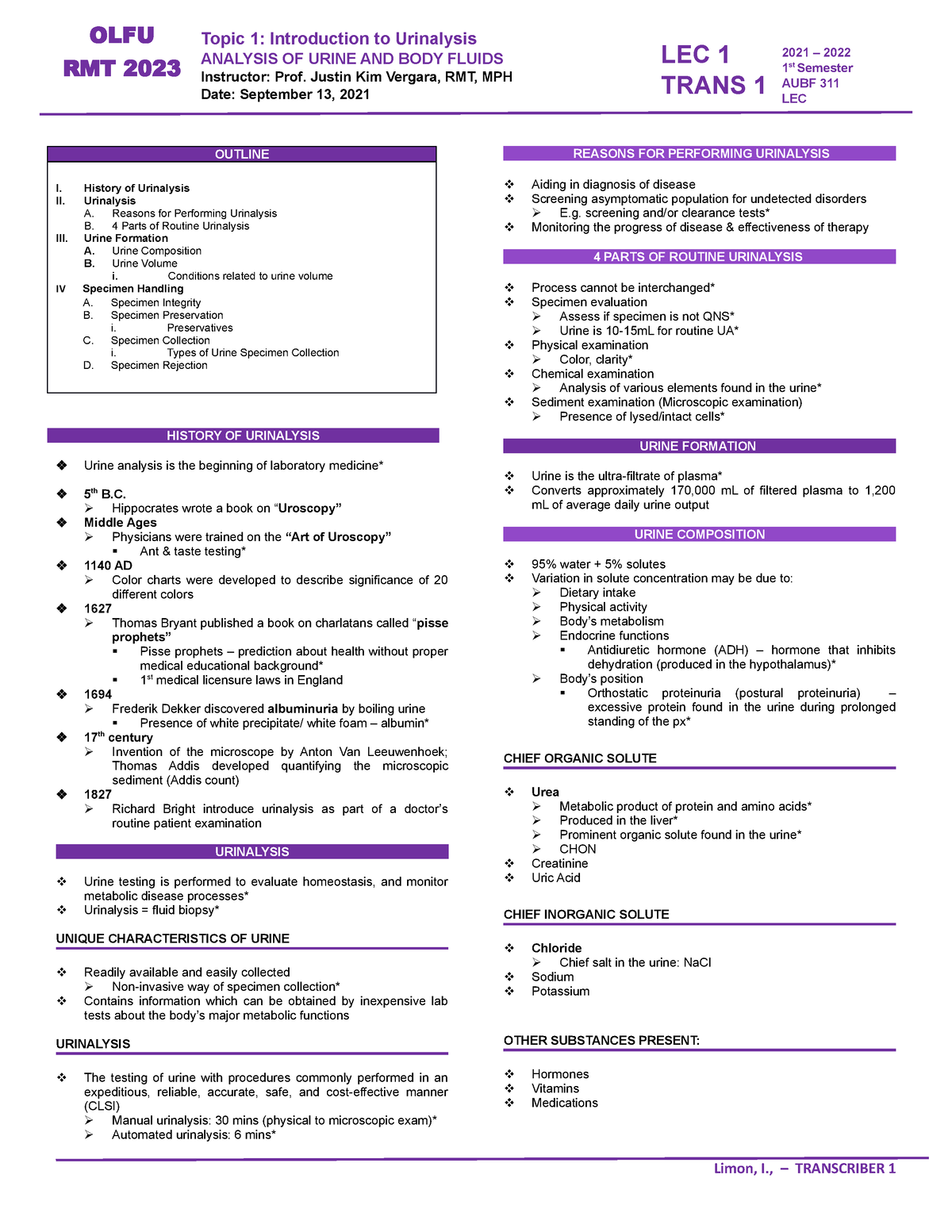 AUB F LEC 1 Trans - Intro To AUBF - OUTLINE I. History Of Urinalysis II ...