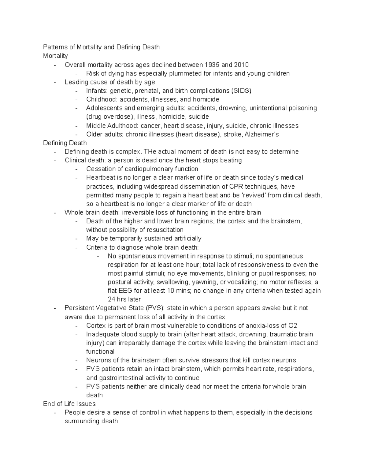 PSY 325 CHapter 16 Death and Dying Patterns of Mortality and Defining