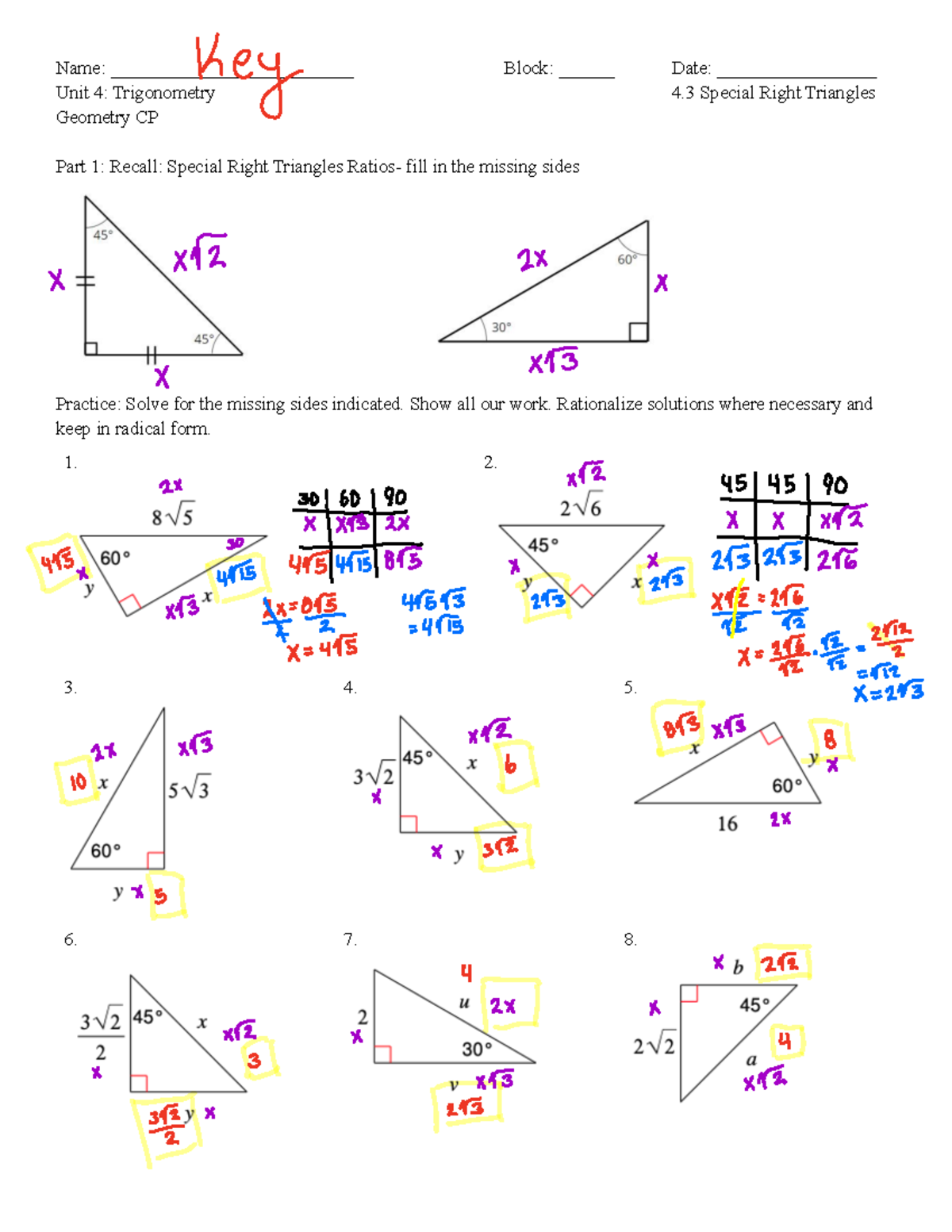 4.3 KEY Special Right Triangles and Sohcahtoa Notes 22-23 - Name