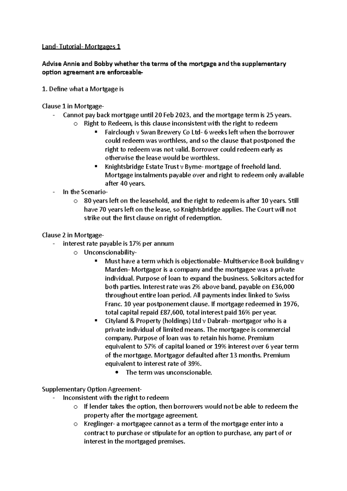 Land Law Mortgages 1 Land Tutorial Mortgages 1 Advise Annie and Bobby whether the terms of