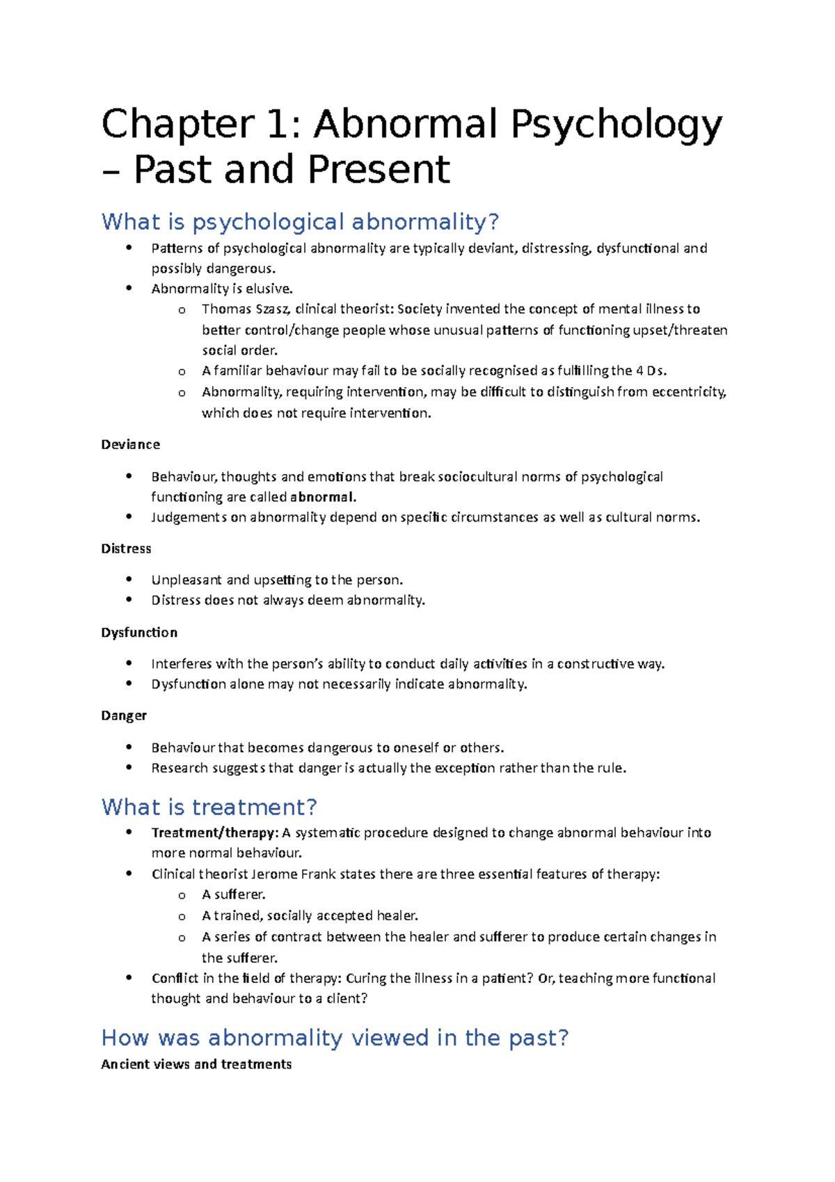 Textbook Chapter 1 Summary - Chapter 1: Abnormal Psychology – Past and ...
