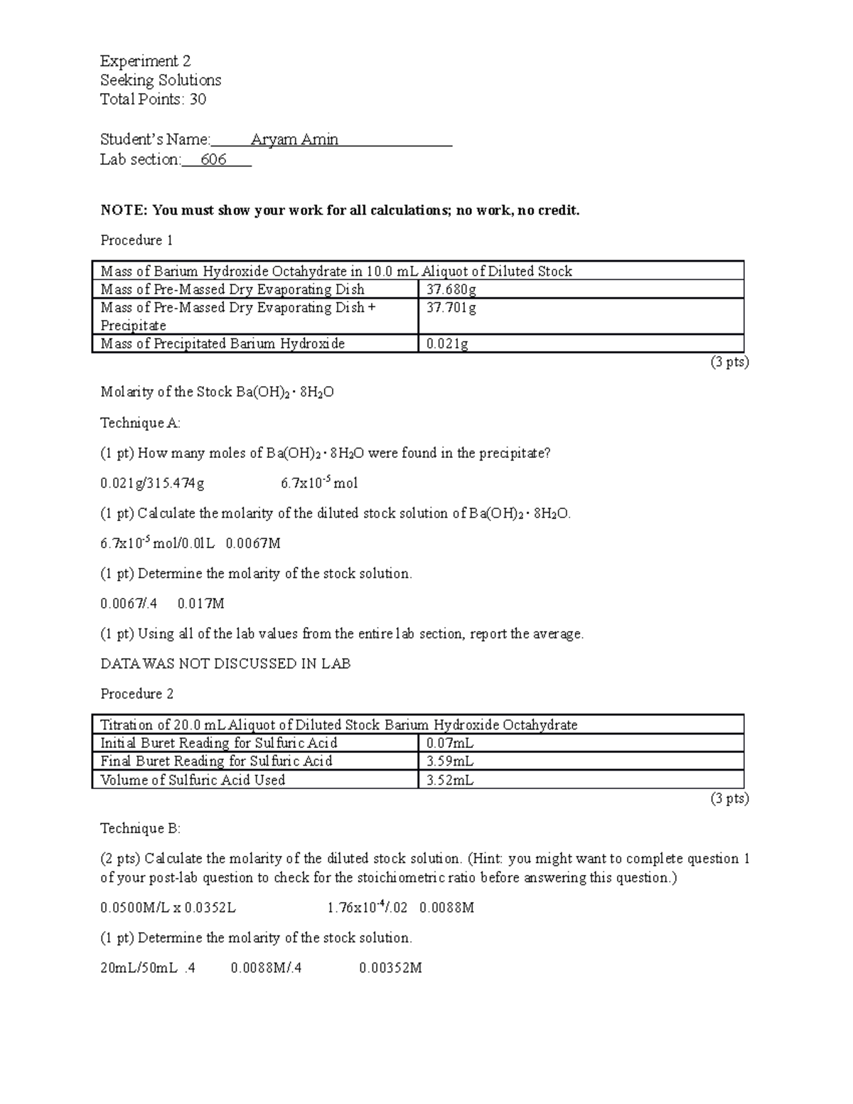 CHEM 110 L - Experiment 2 Seeking Solutions Aryam Amin - Experiment 2 ...