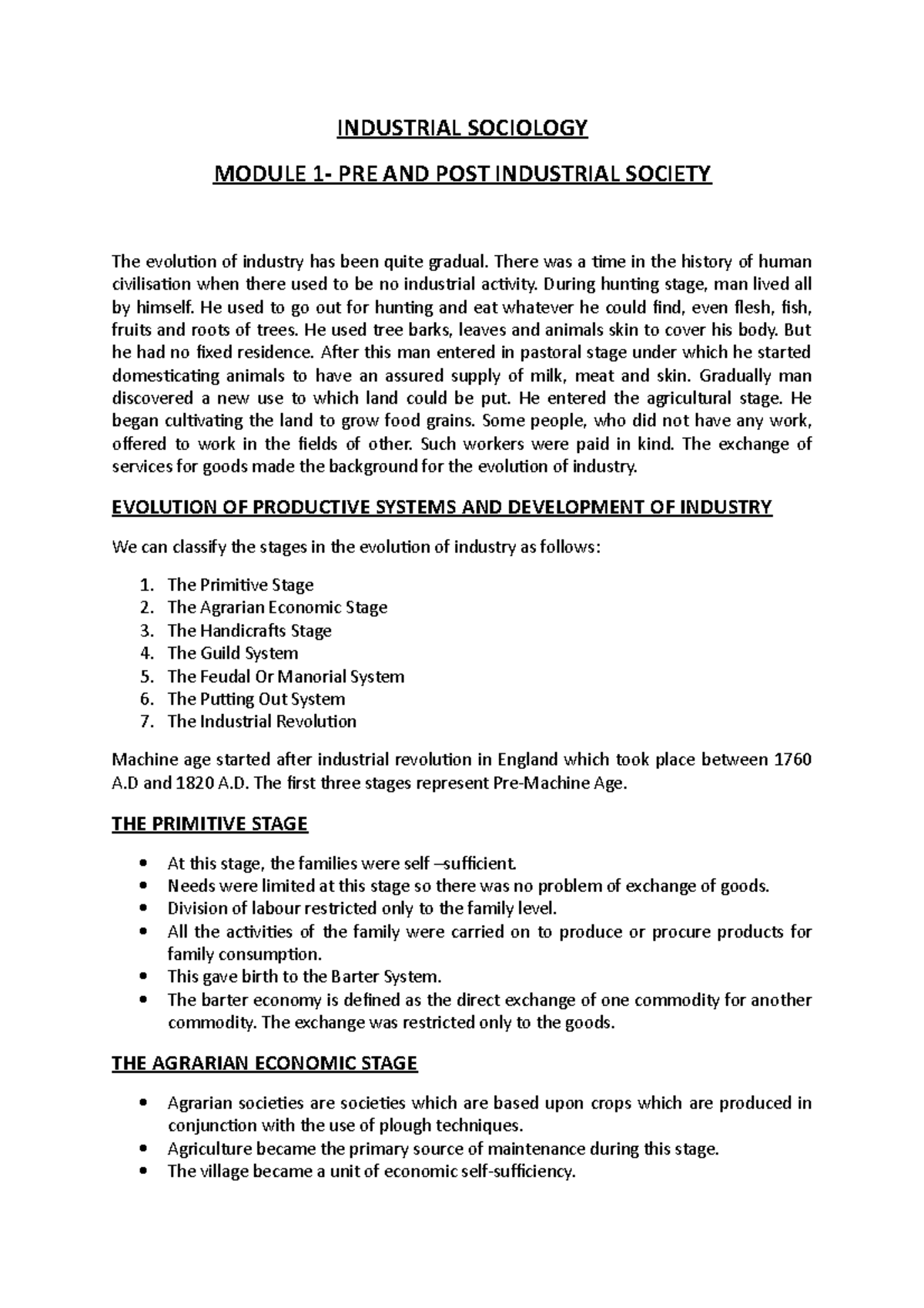Pre and Post Industrial Society INDUSTRIAL SOCIOLOGY MODULE 1 PRE AND POST INDUSTRIAL SOCIETY