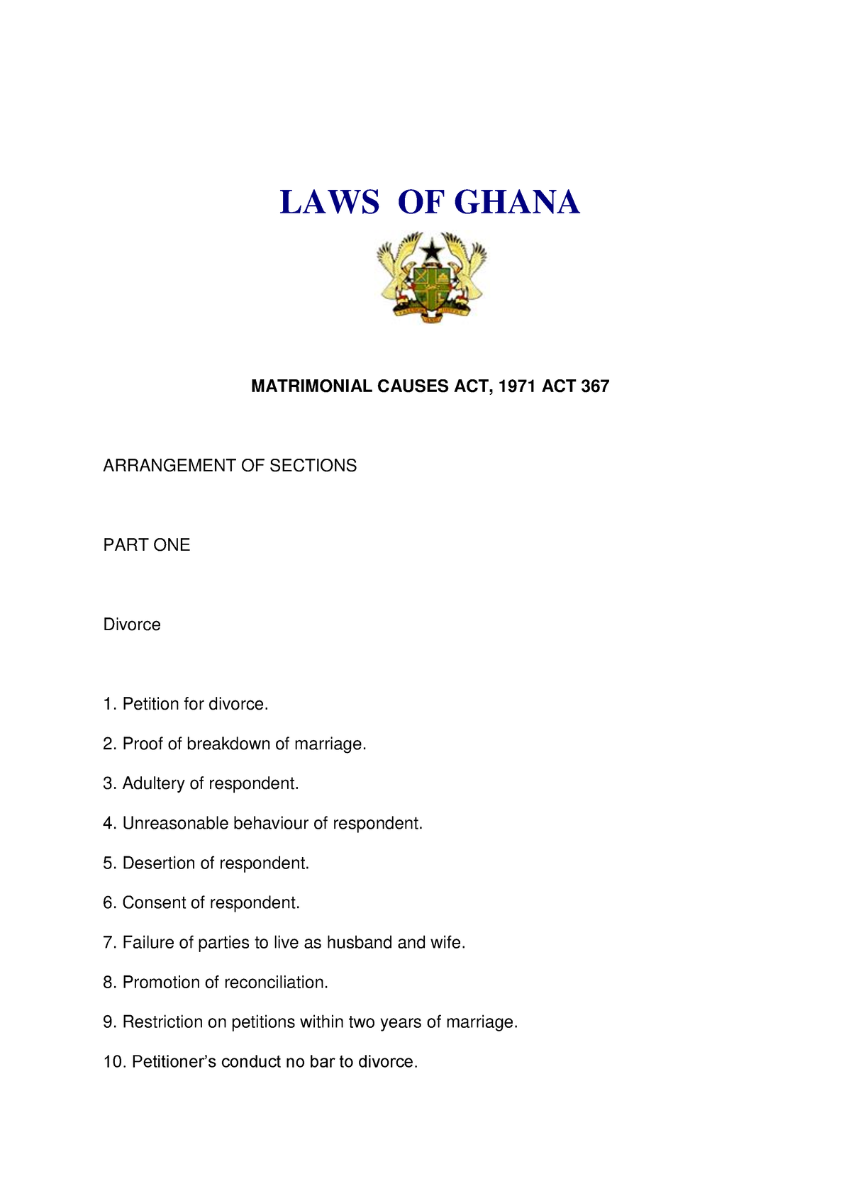 Matrimonial Act of Ghana - LAWS OF GHANA MATRIMONIAL CAUSES ACT, 1971 ...