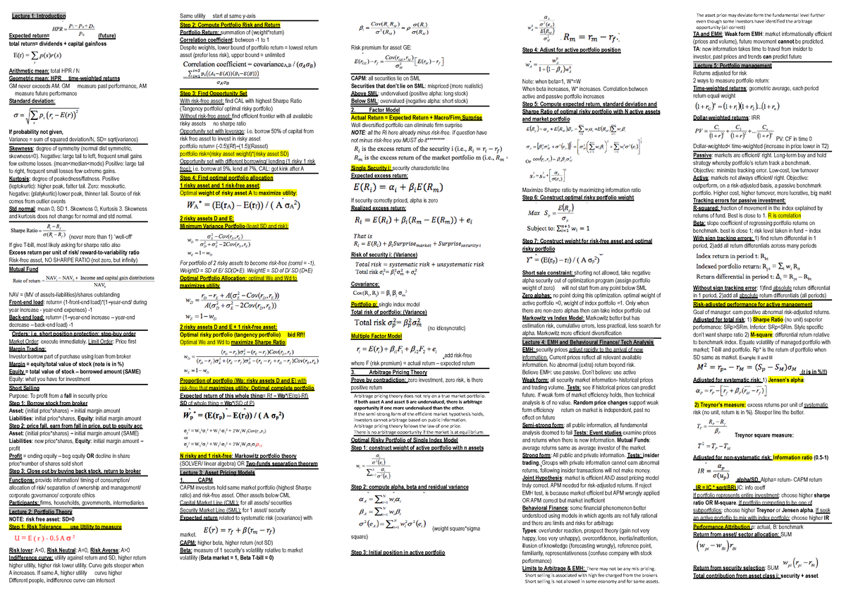 Midterms FIN3702 cheatsheet - Lecture 1: Introduction Expected return ...