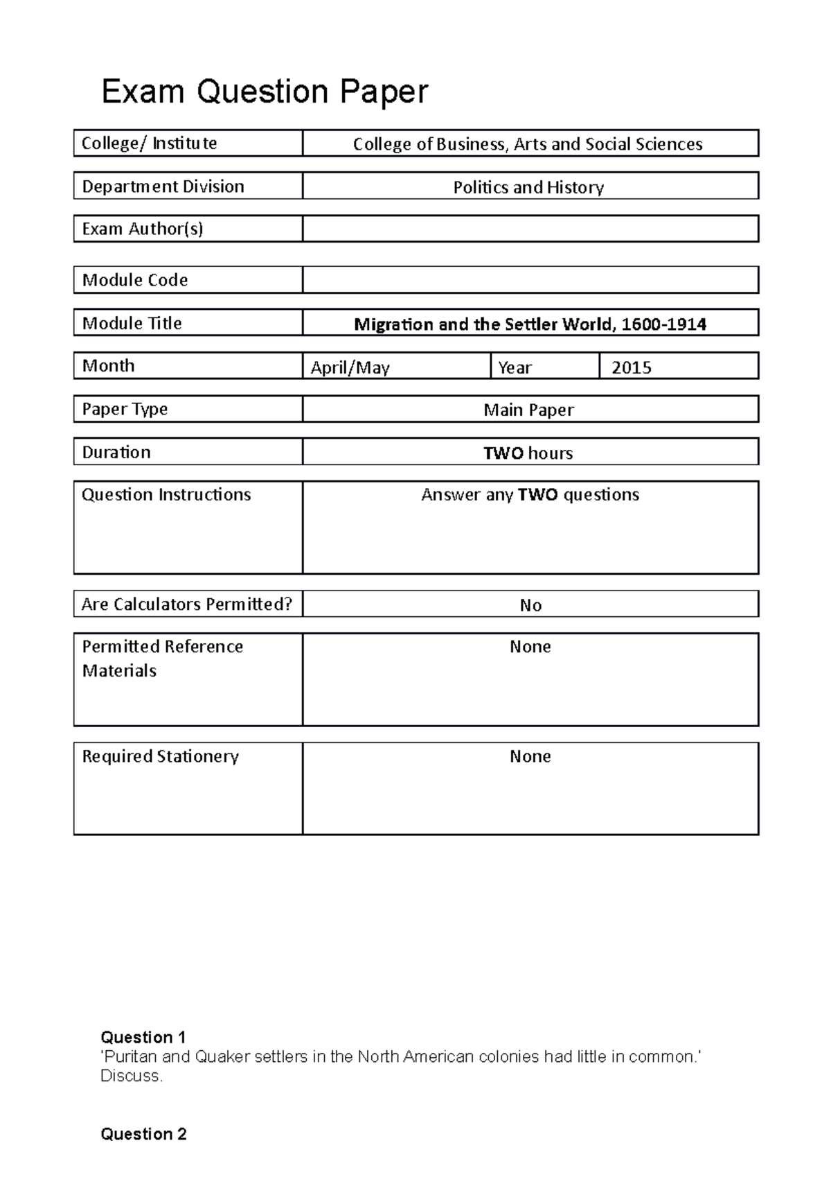 Exam, PX1605 May 2015 questions - Exam Question Paper College ...