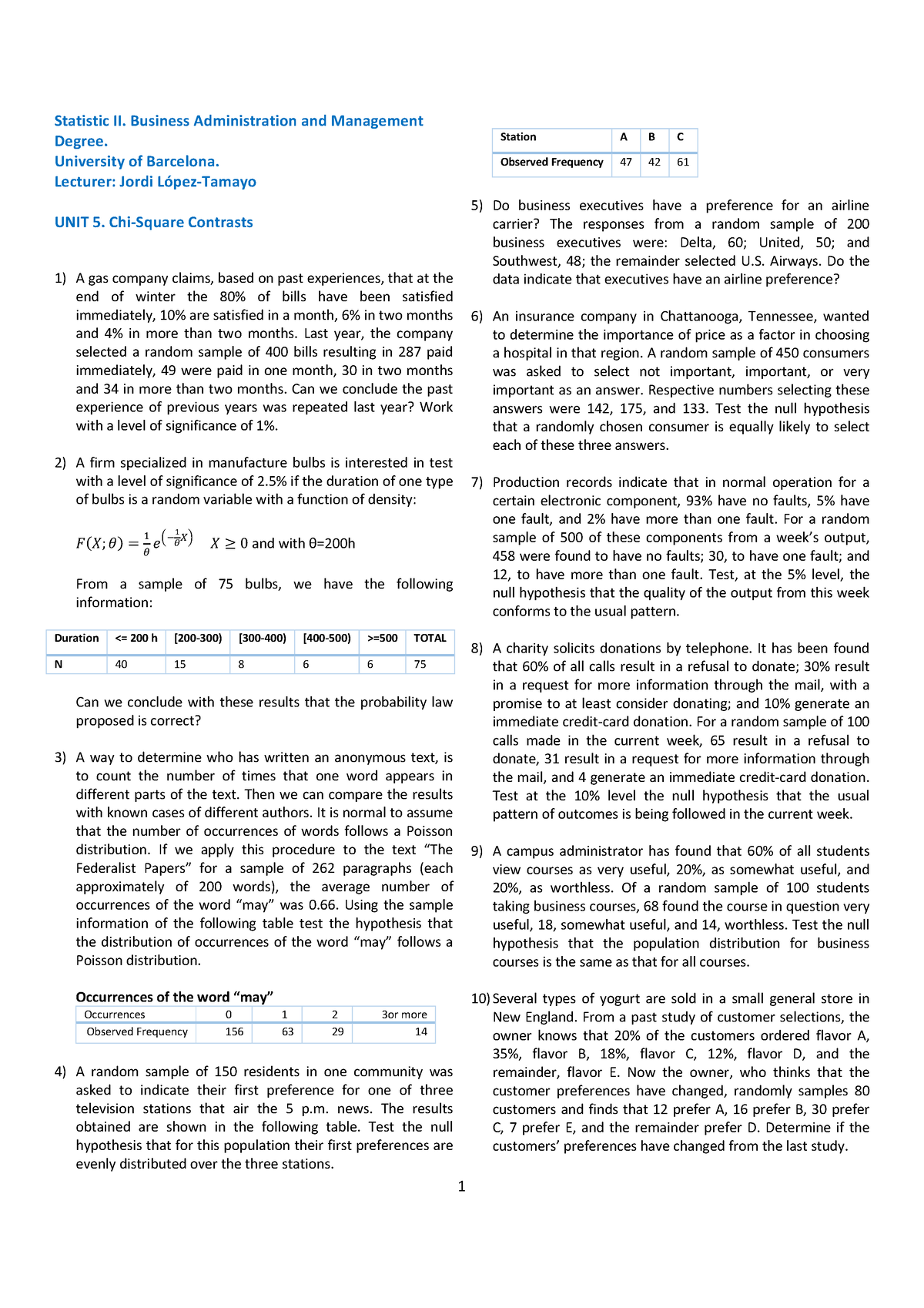 Unit 5 Practice Hand Writing Chi Square - 1 Statistic II. Business ...