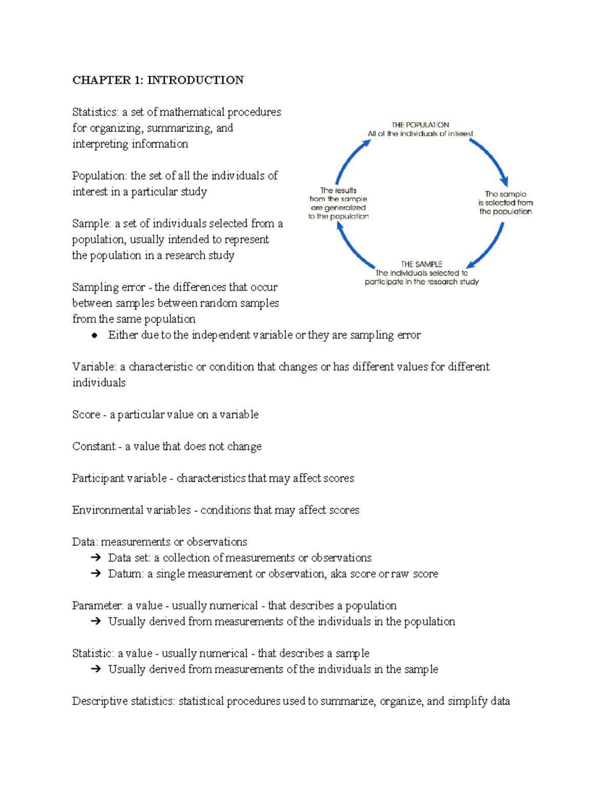 2106 Notes - CHAPTER 1: INTRODUCTION Statistics: a set of mathematical ...