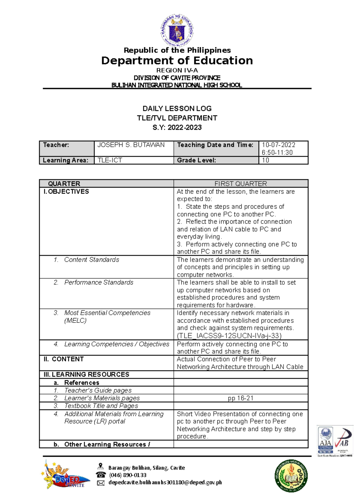 Dll 10 07 2022 Ict Dll Ict Department Of Education Region Iv A Division Of Cavite Province 7894