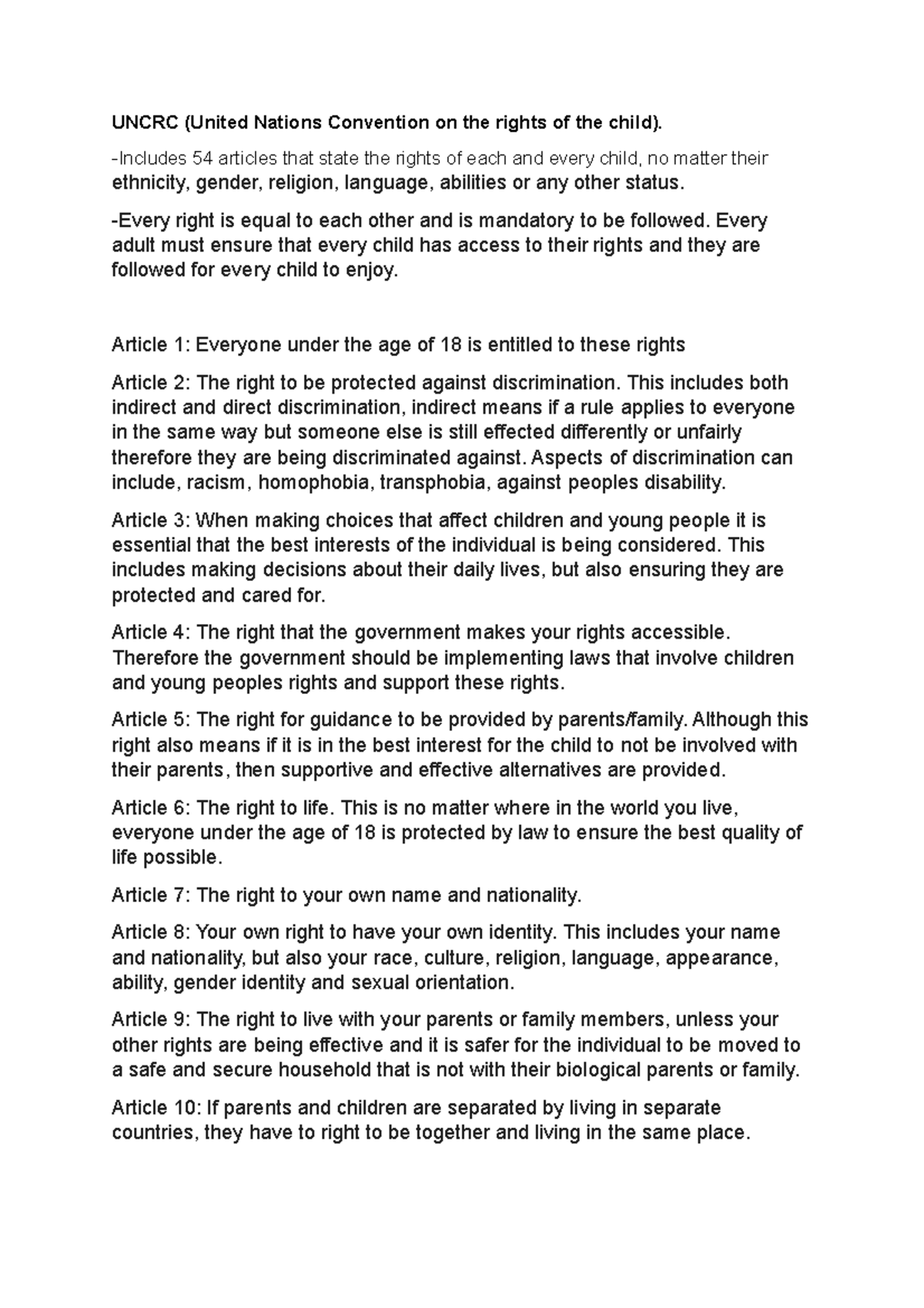 United Nations Convention on the rights of the child - 54 articles that ...