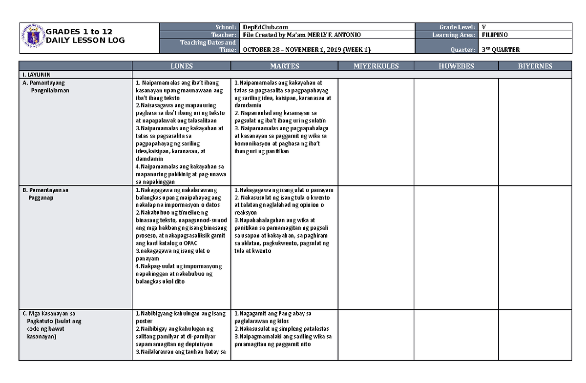 DLL Filipino 5 Q3 W1 - use it - GRADES 1 to 12 DAILY LESSON LOG School ...