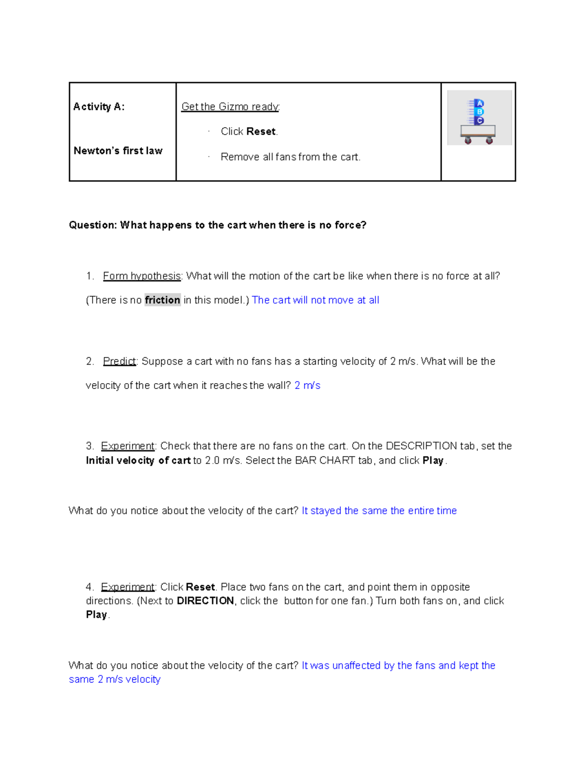 Gizmos Fan Cart Physics - Activity A: Newton’s first law Get the Gizmo ...