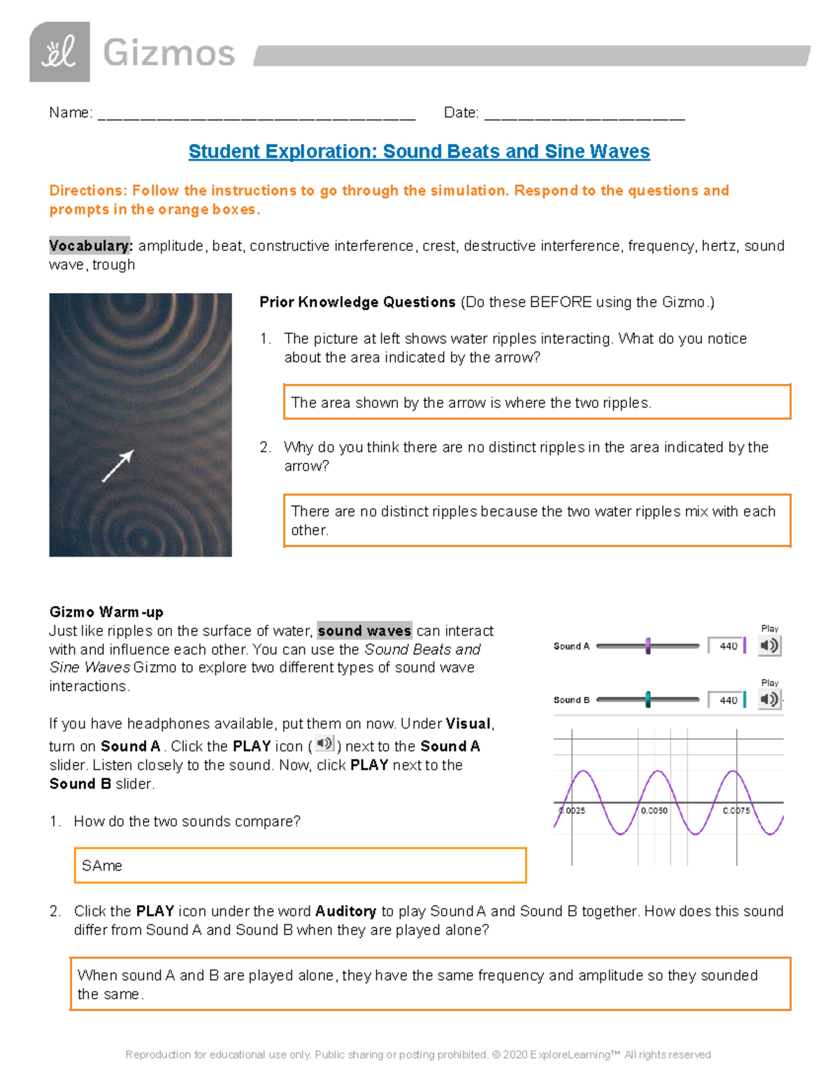 Sound Beats Sine Waves Se Gizmo Answer Name Date Student