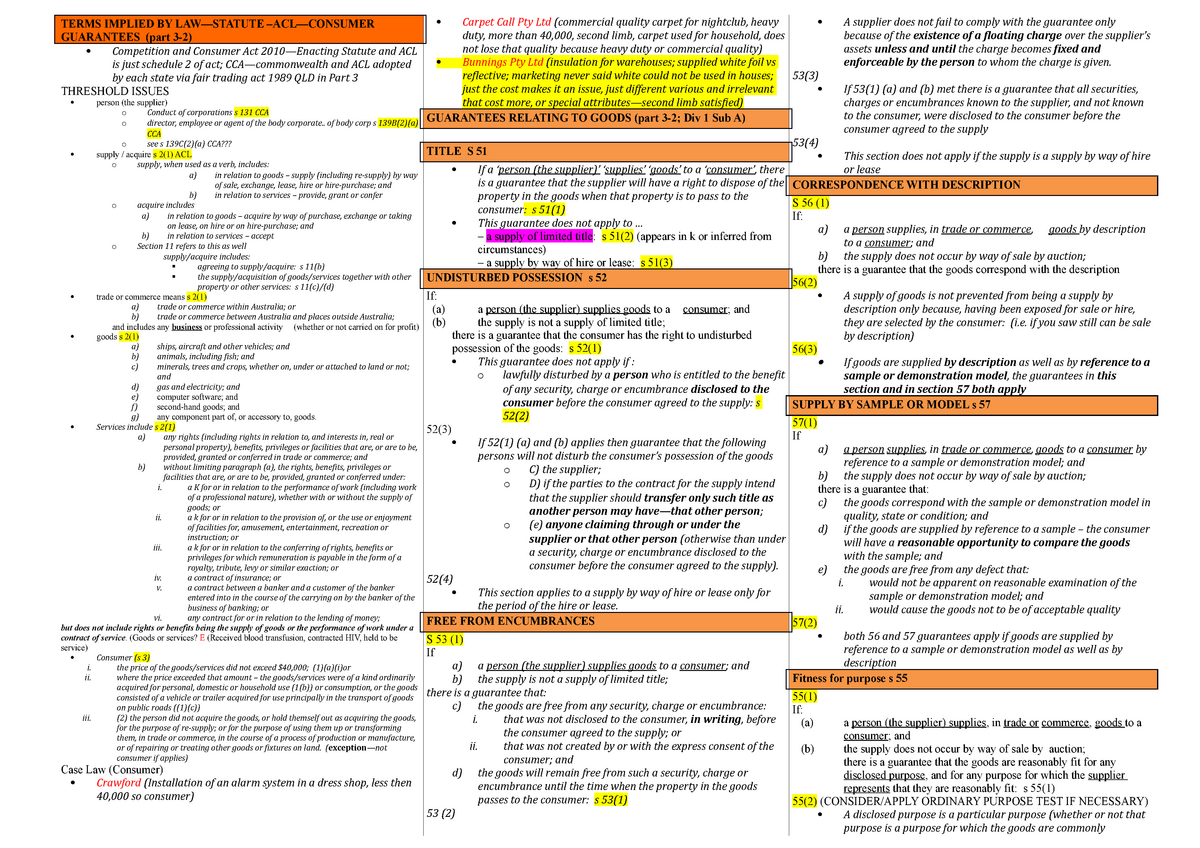 Jovan Temp - sample answer - TERMS IMPLIED BY LAW—STATUTE –ACL—CONSUMER ...