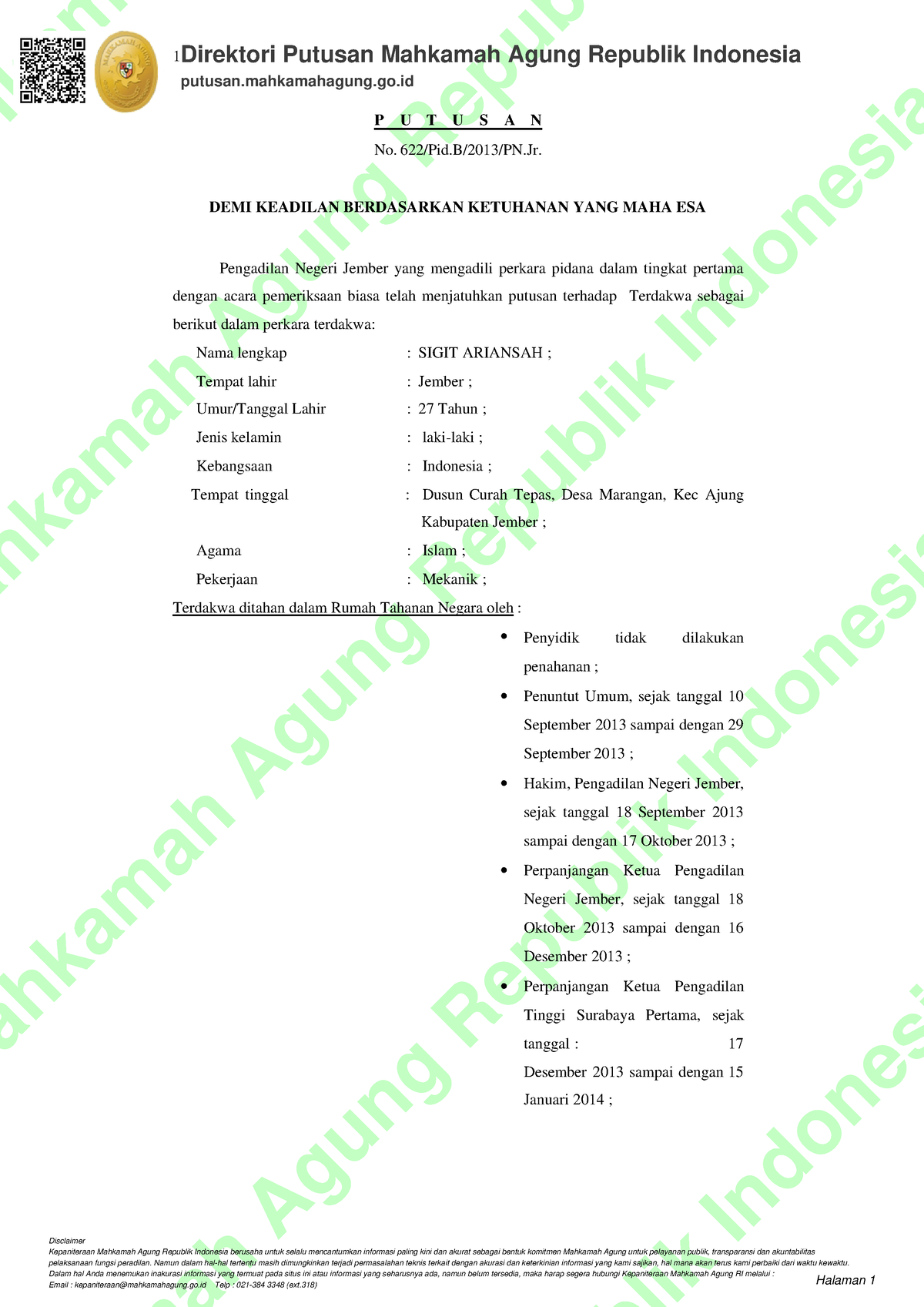 Putusan 622 Pid.b 2013 Pn - Mahkamah Agung Republik Indonesia Mahkamah ...