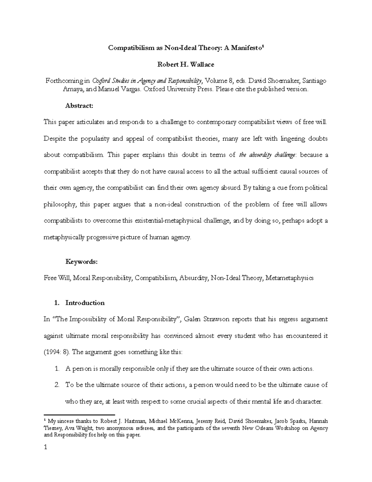 Compatabilism - n/a - Compatibilism as Non-Ideal Theory: A Manifesto 1 ...