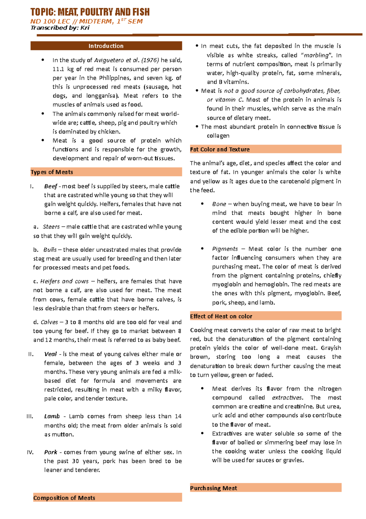 Meat, Poultry and Fish PT1 TOPIC MEAT, POULTRY AND FISH ND 100 LEC // MIDTERM, 1ST SEM Studocu