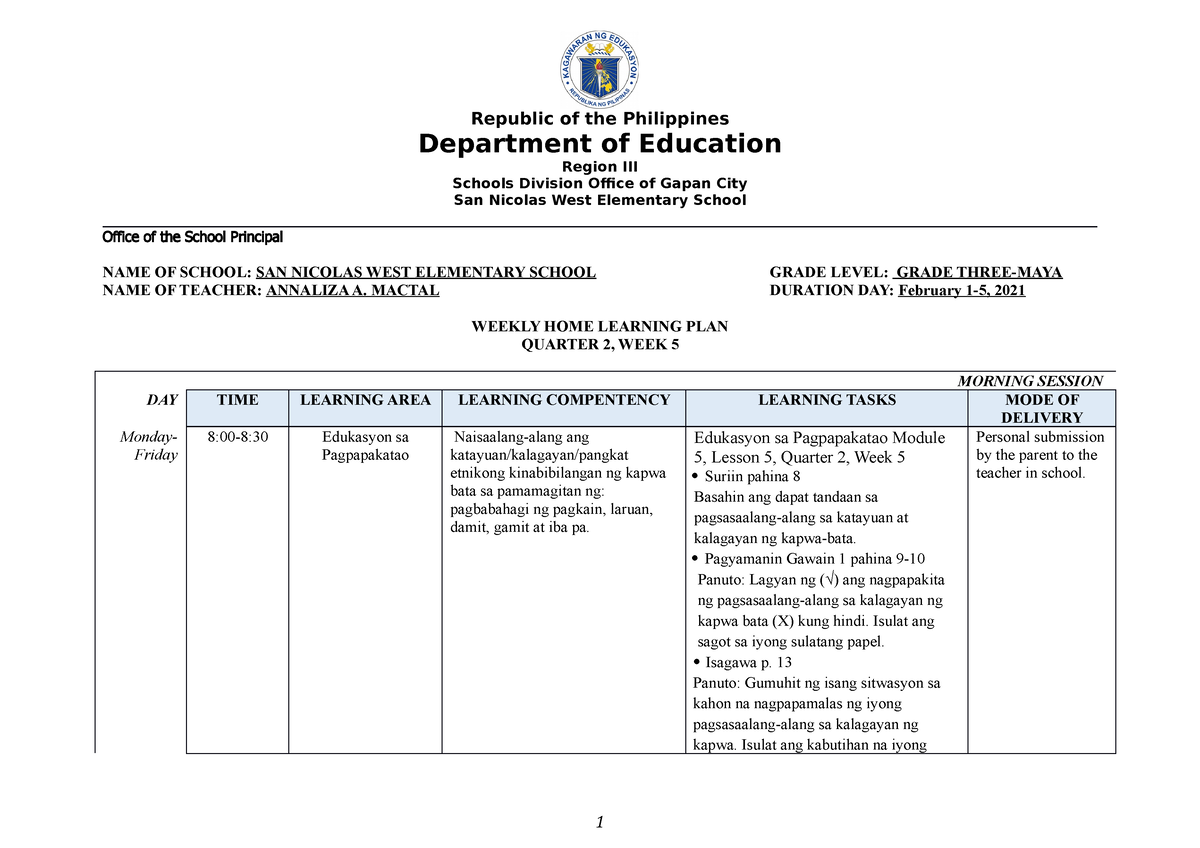 Weekly Home Learning Plan Q2 Grade 3 Week 5 - Department of Education ...