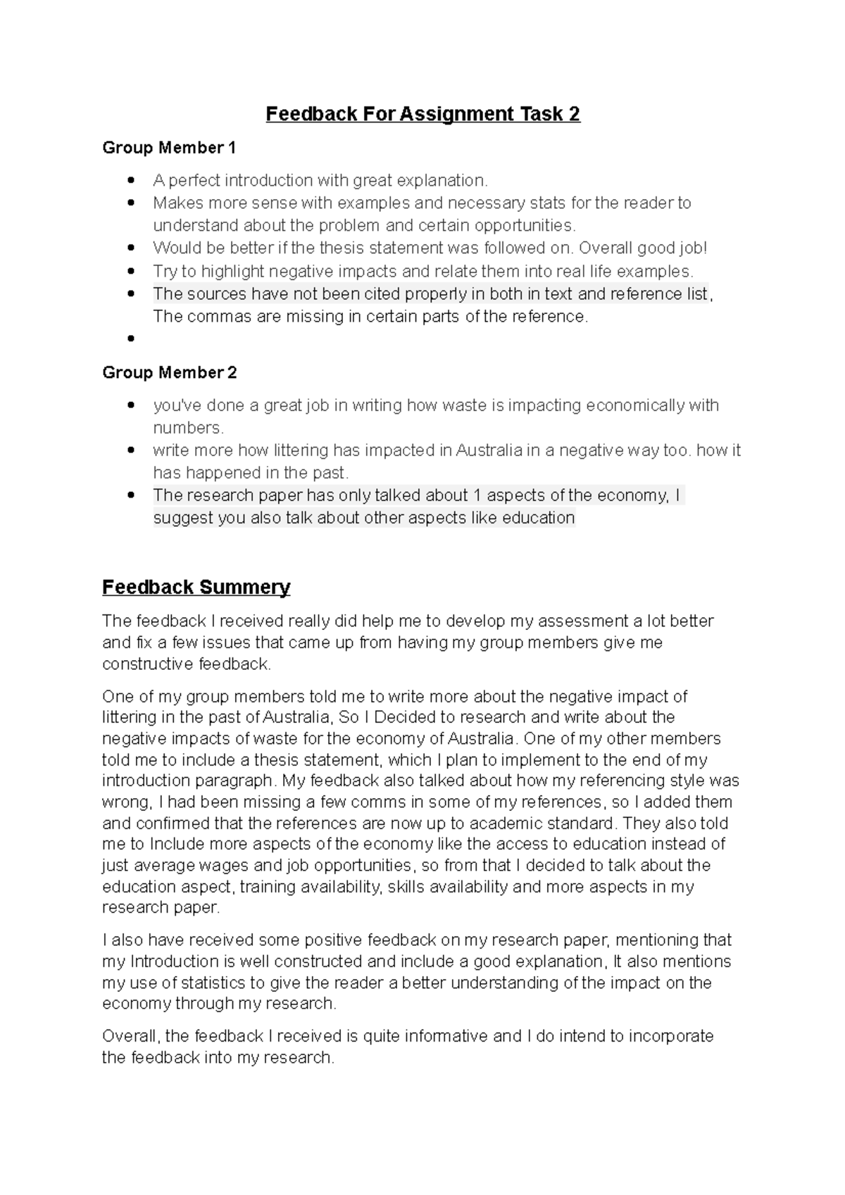 Feedback assig 1 - Feedback For Assignment Task 2 Group Member 1 A ...