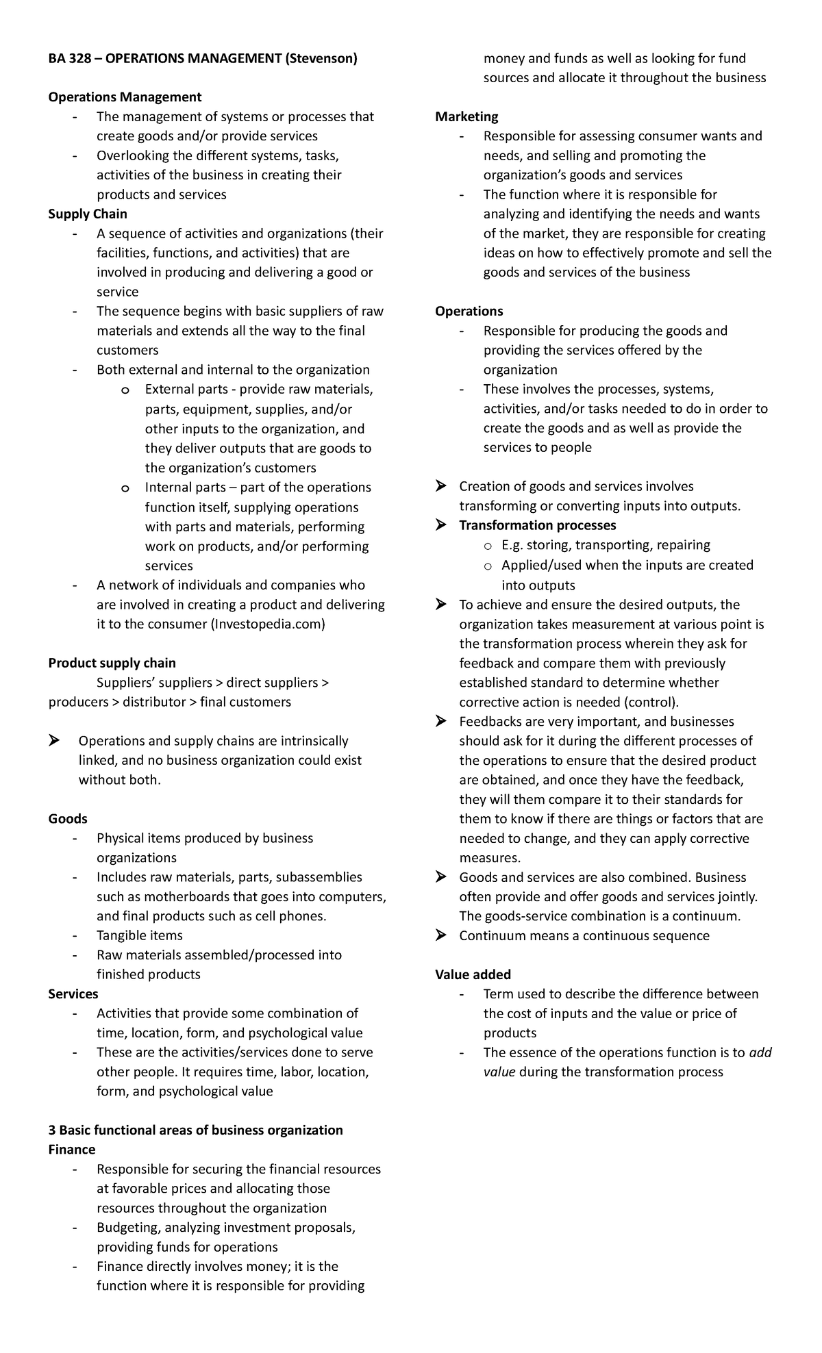 Operations Management Notes 1 - BA 328 – OPERATIONS MANAGEMENT ...