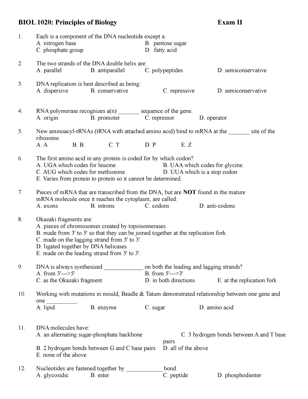 Exam ii - Lecture notes final - BIOL 1020: Principles of Biology Exam ...