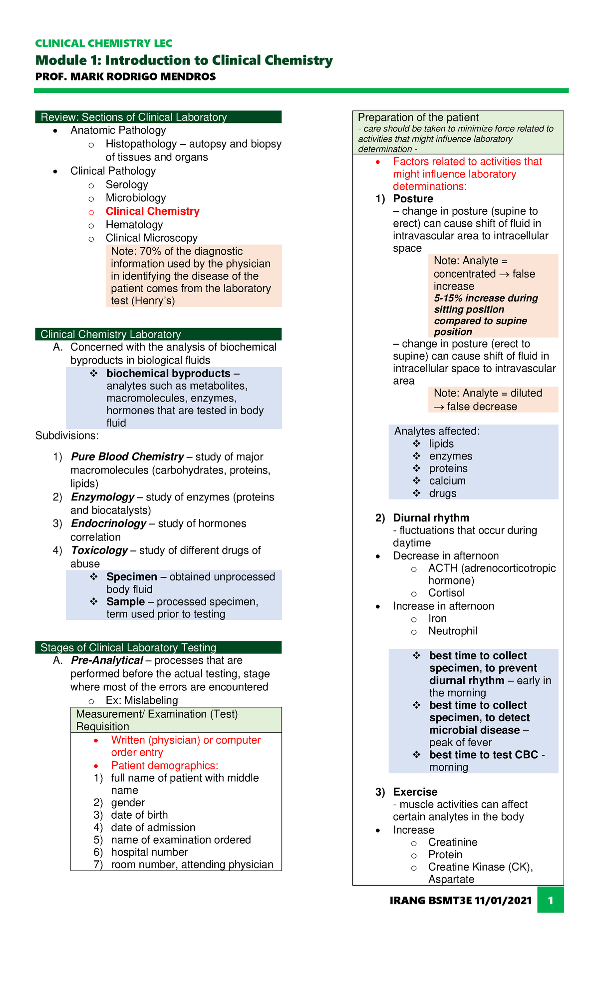 CC LEC Notes #1 - Module 1: Introduction to Clinical Chemistry PROF ...