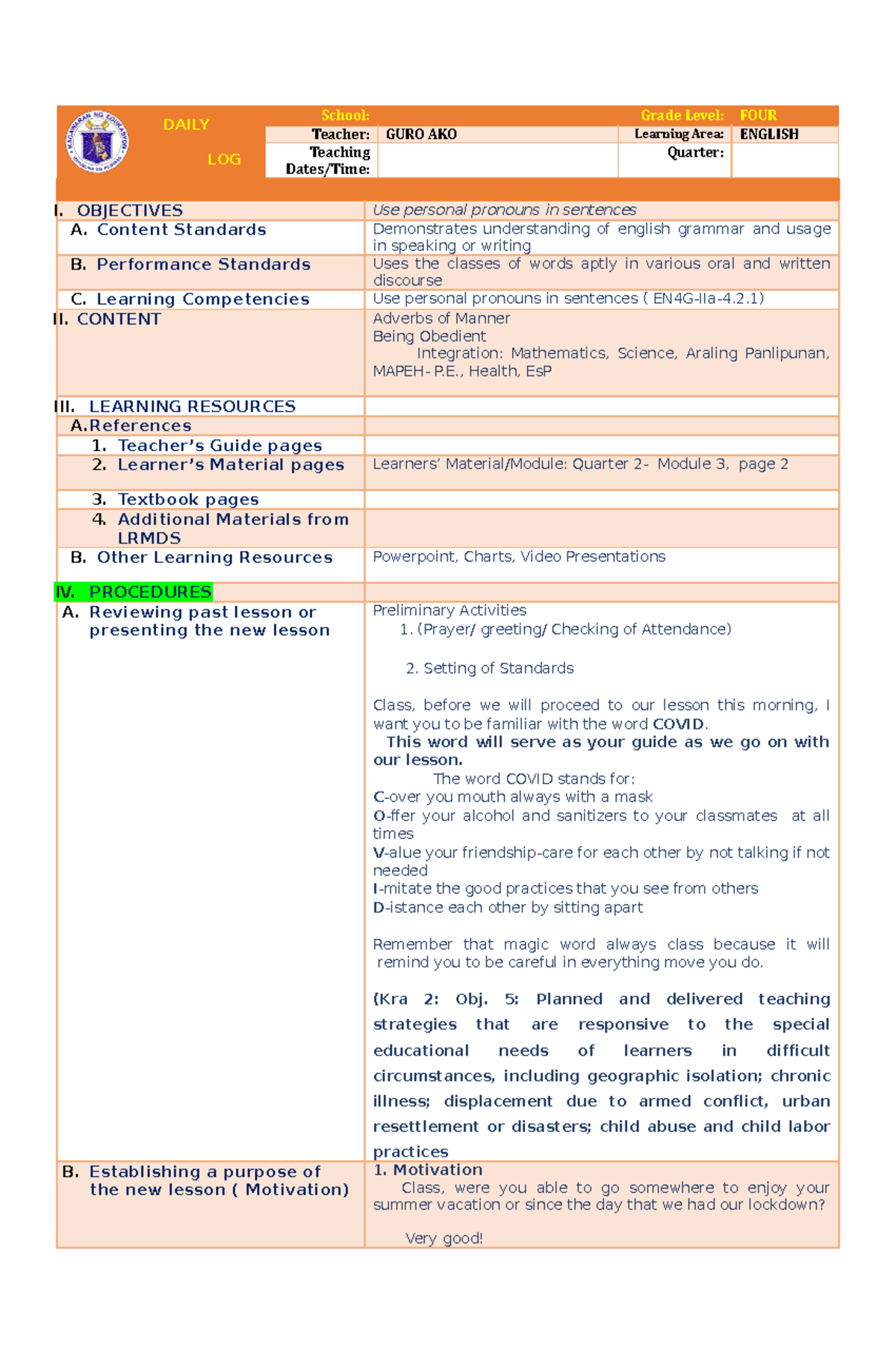 English4COT DLP for COT DAILY LESSON LOG School Grade Level