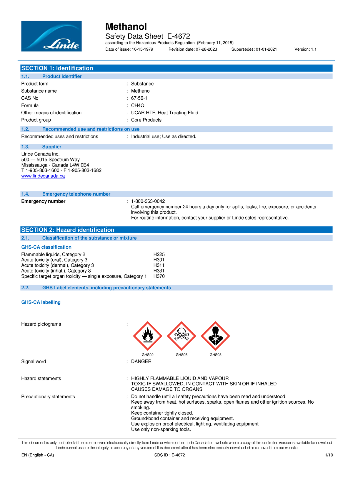 E 4672 methanol safety data sheet sds - Safety Data Sheet E- according