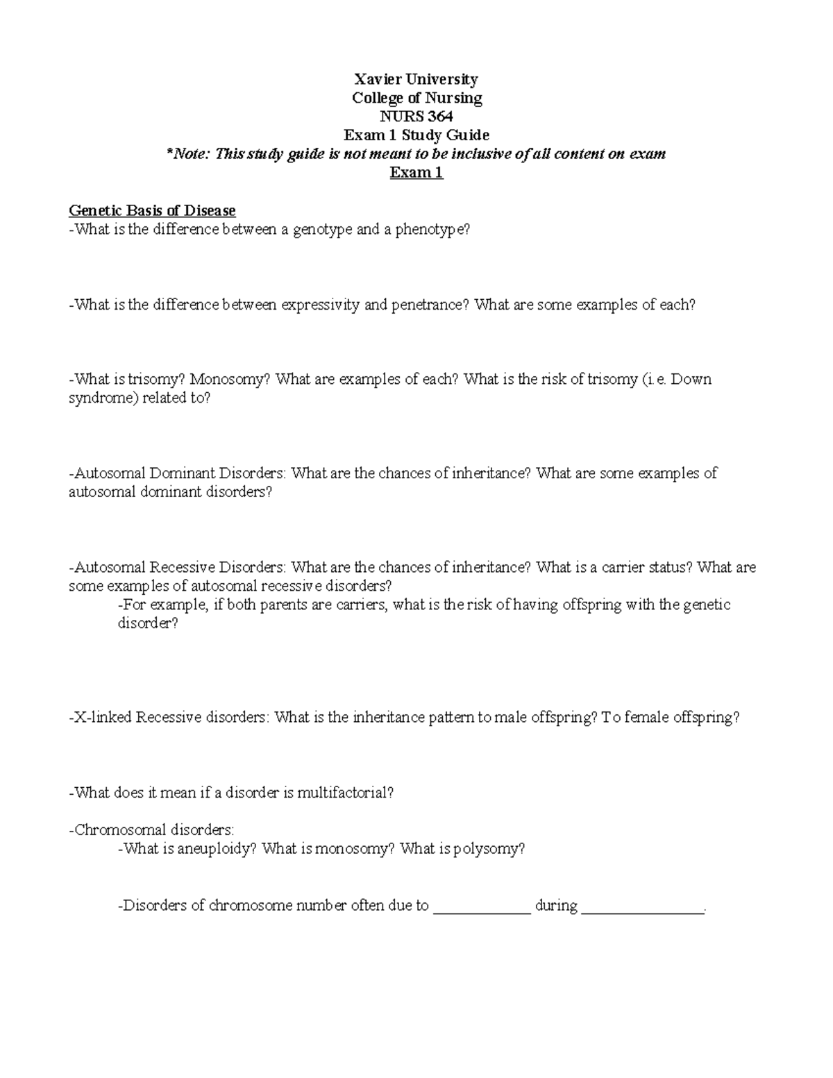 364 Exam 1 optional study guide Xavier University College of Nursing