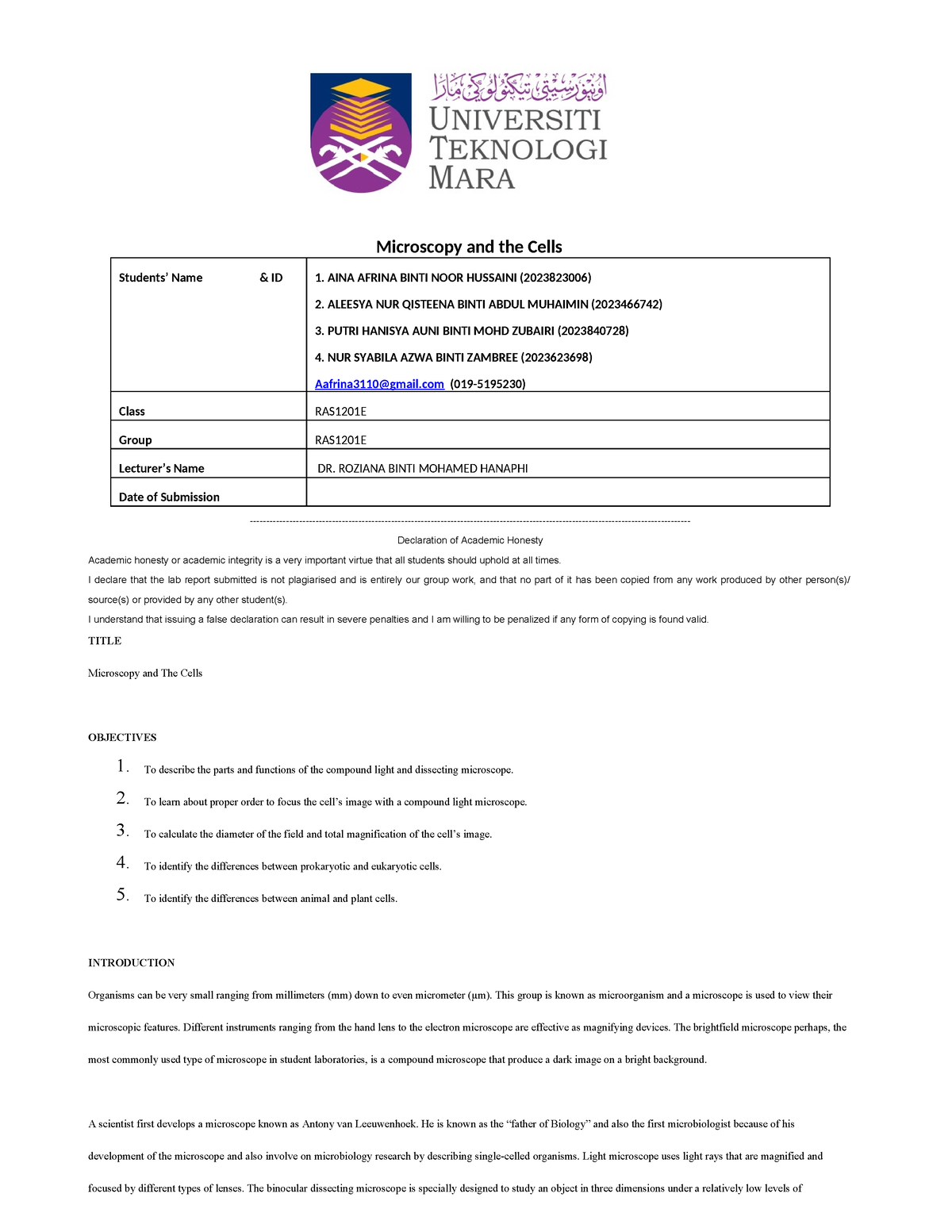 4. BIO122 LAB Report Template WITH Cover (1)-1 - BIO HISTOLOGY OF CELLS ...