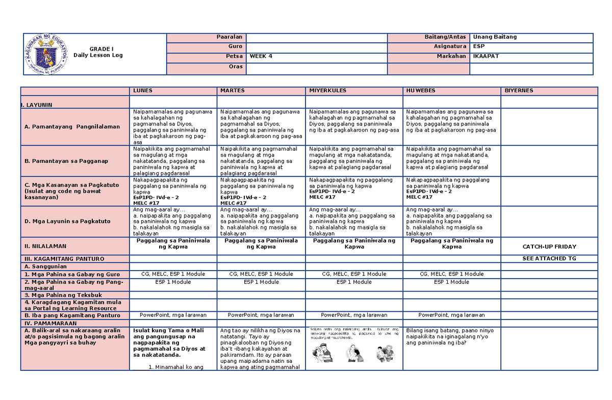 W4 Q4 ESP 1 - DLP - GRADE I Daily Lesson Log Paaralan Baitang/Antas ...