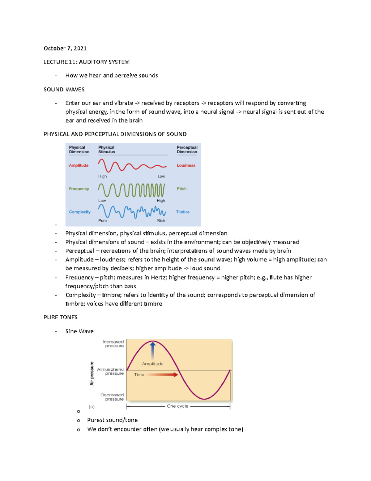October 7 - auditory system, sound waves, physical and perceptual ...