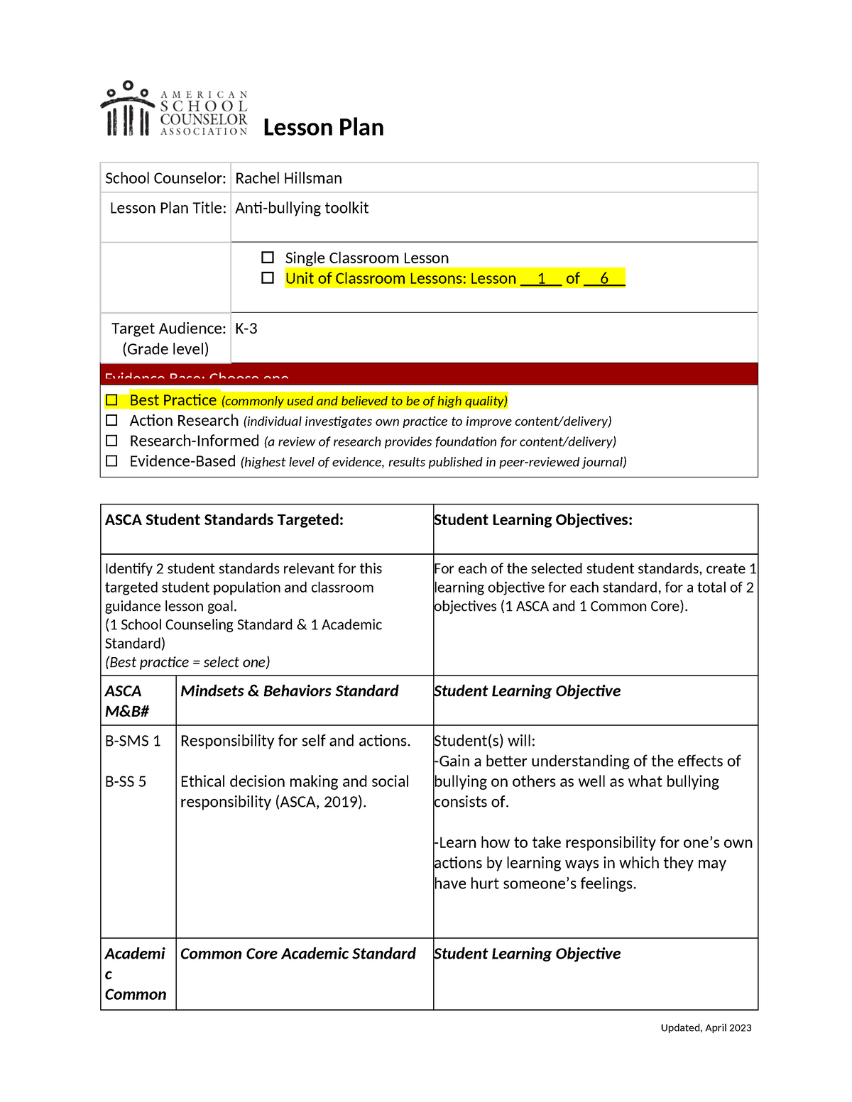 Asca Lesson Plan Assignment Lesson Plan School Counselor Rachel Hillsman Lesson Plan Title 7717