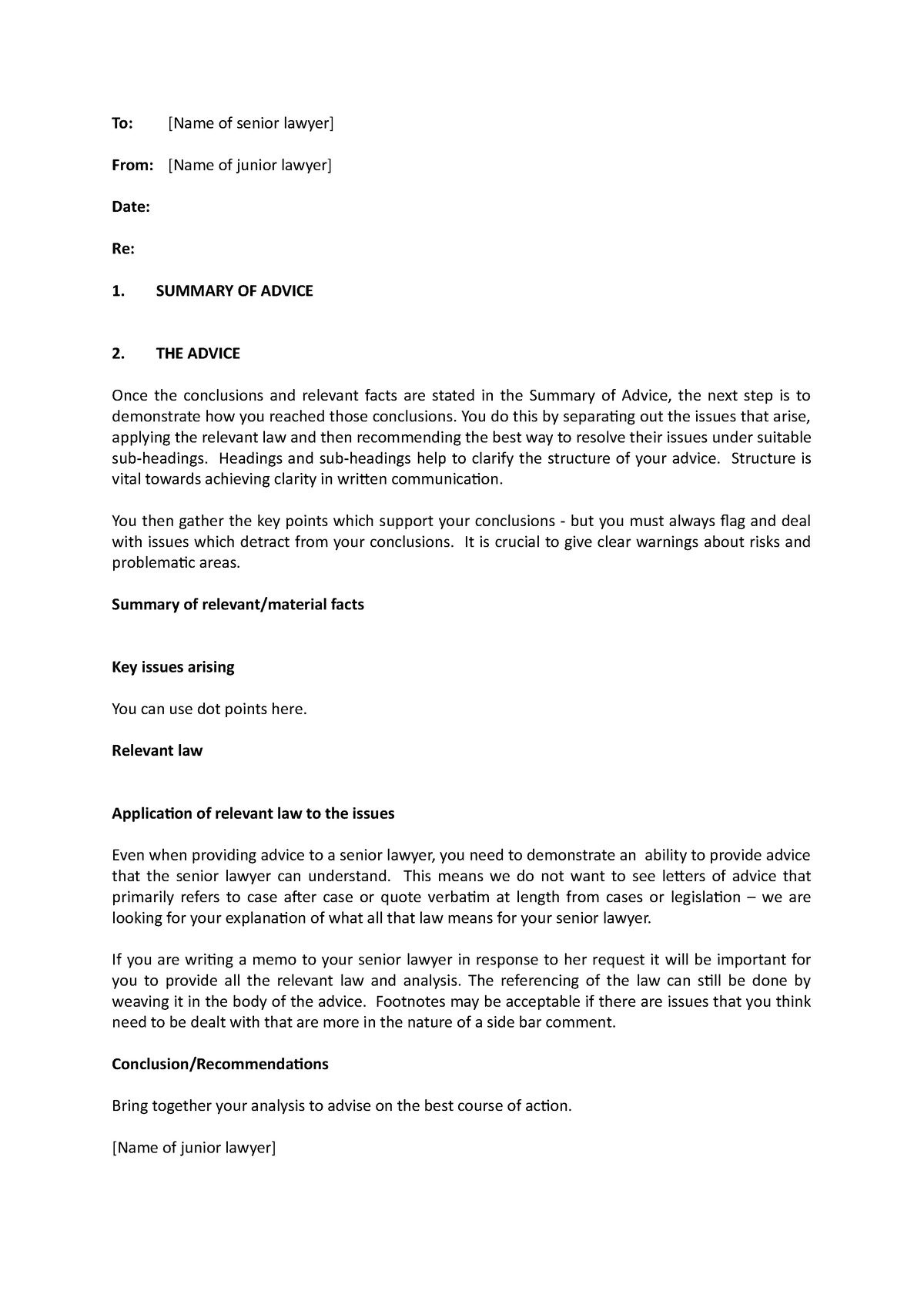 Template for memo of advice to a senior lawyer-1 - To: [Name of senior ...