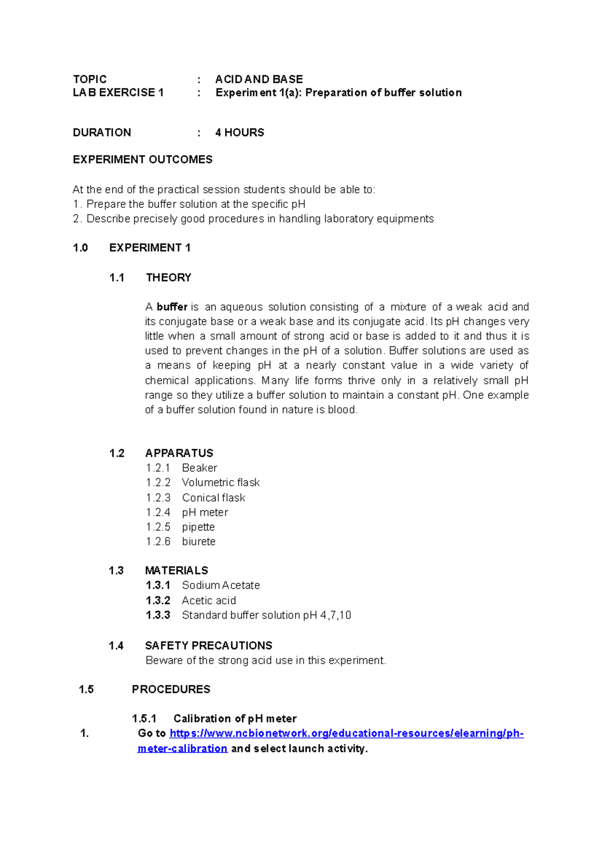 Virtual lab 1(a) preparation of buffer TOPIC ACID AND BASE LAB