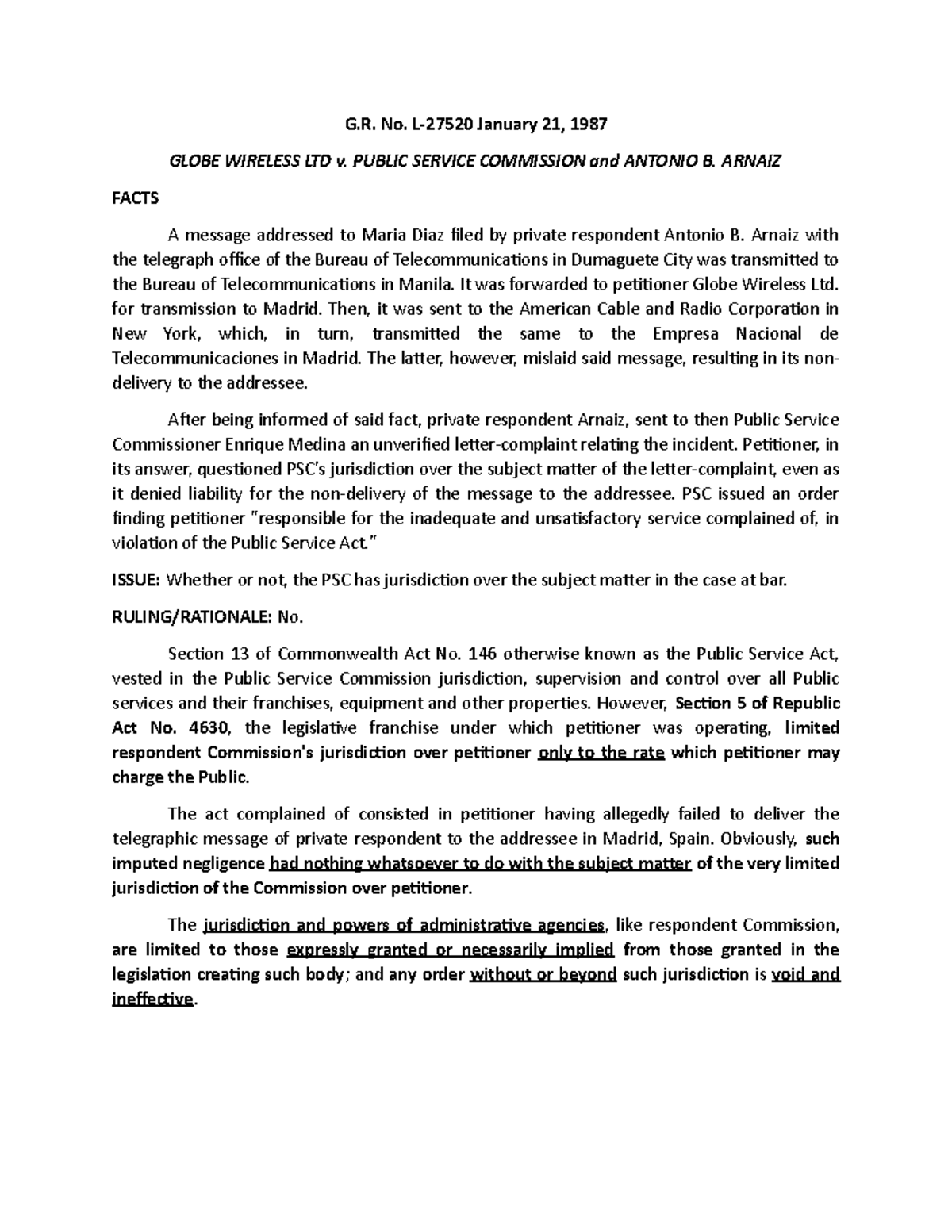 Admin Cases - G. No. L-27520 January 21, 1987 GLOBE WIRELESS LTD v