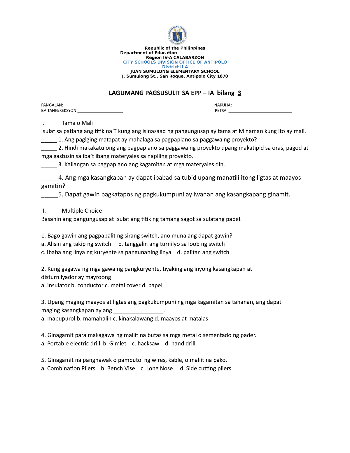 Lagumang Pagsusulit No3 Epp Ia Week 3 Republic Of The Philippines Department Of Education 0672