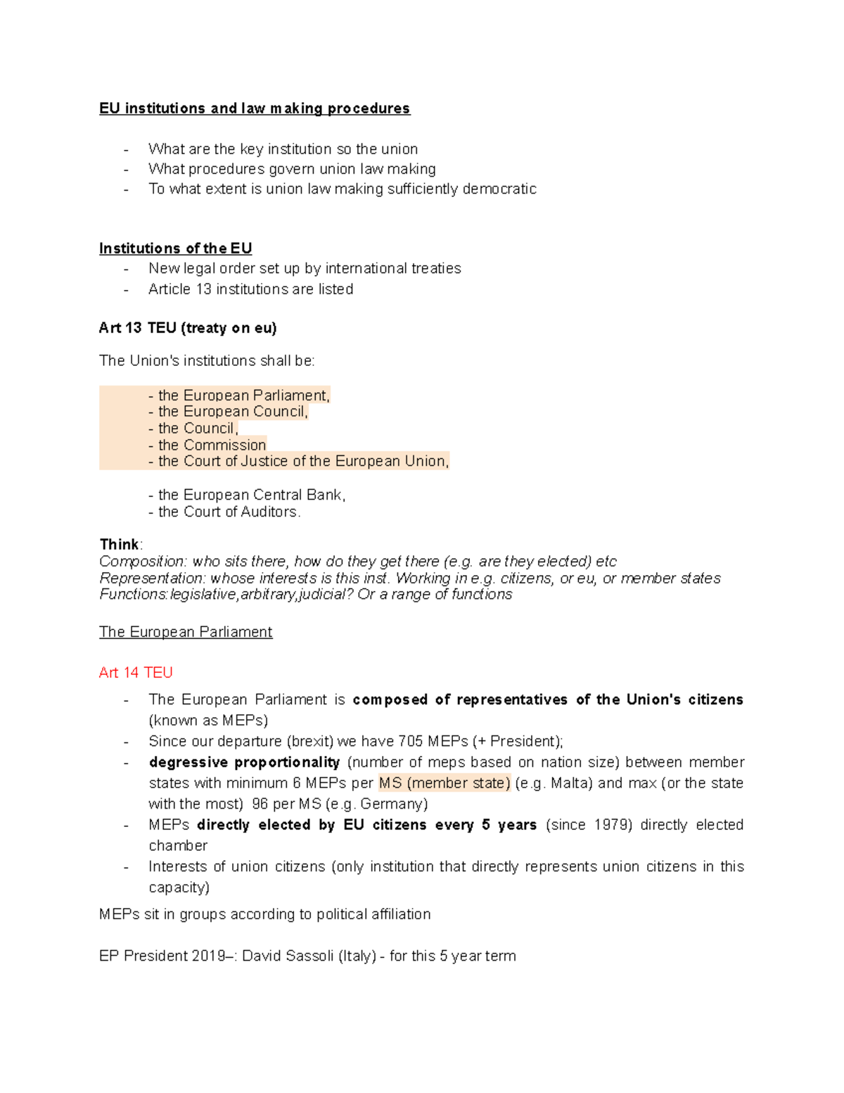EU 2 - lecture notes on the second topic of EU law - EU institutions ...