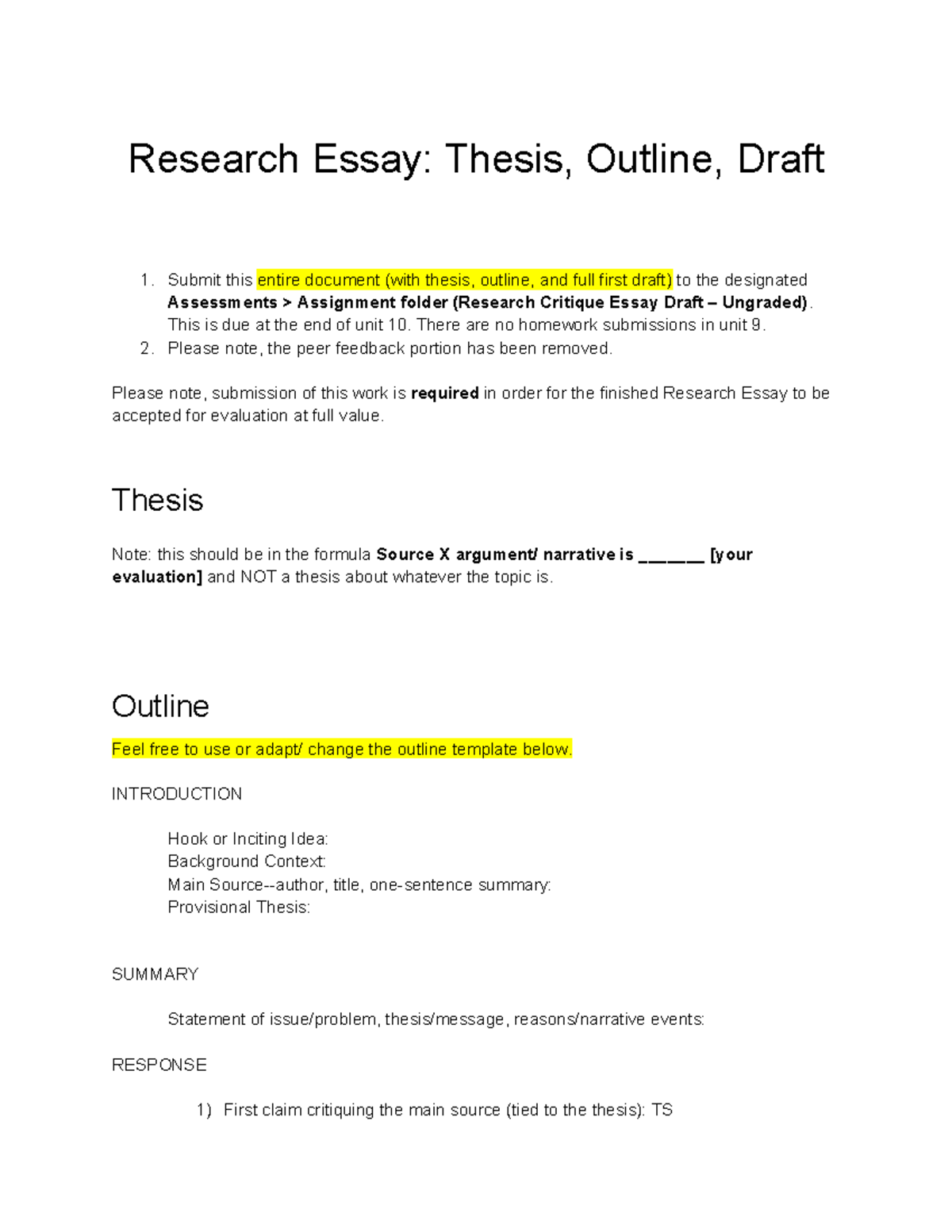 Draft template - Research Essay: Thesis, Outline, Draft 1. Submit this ...