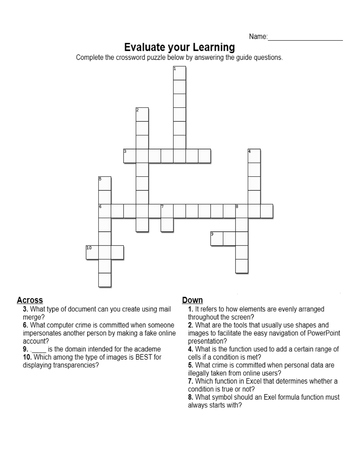 Activity 8 Crossword Mail merge evaluation through a cross word