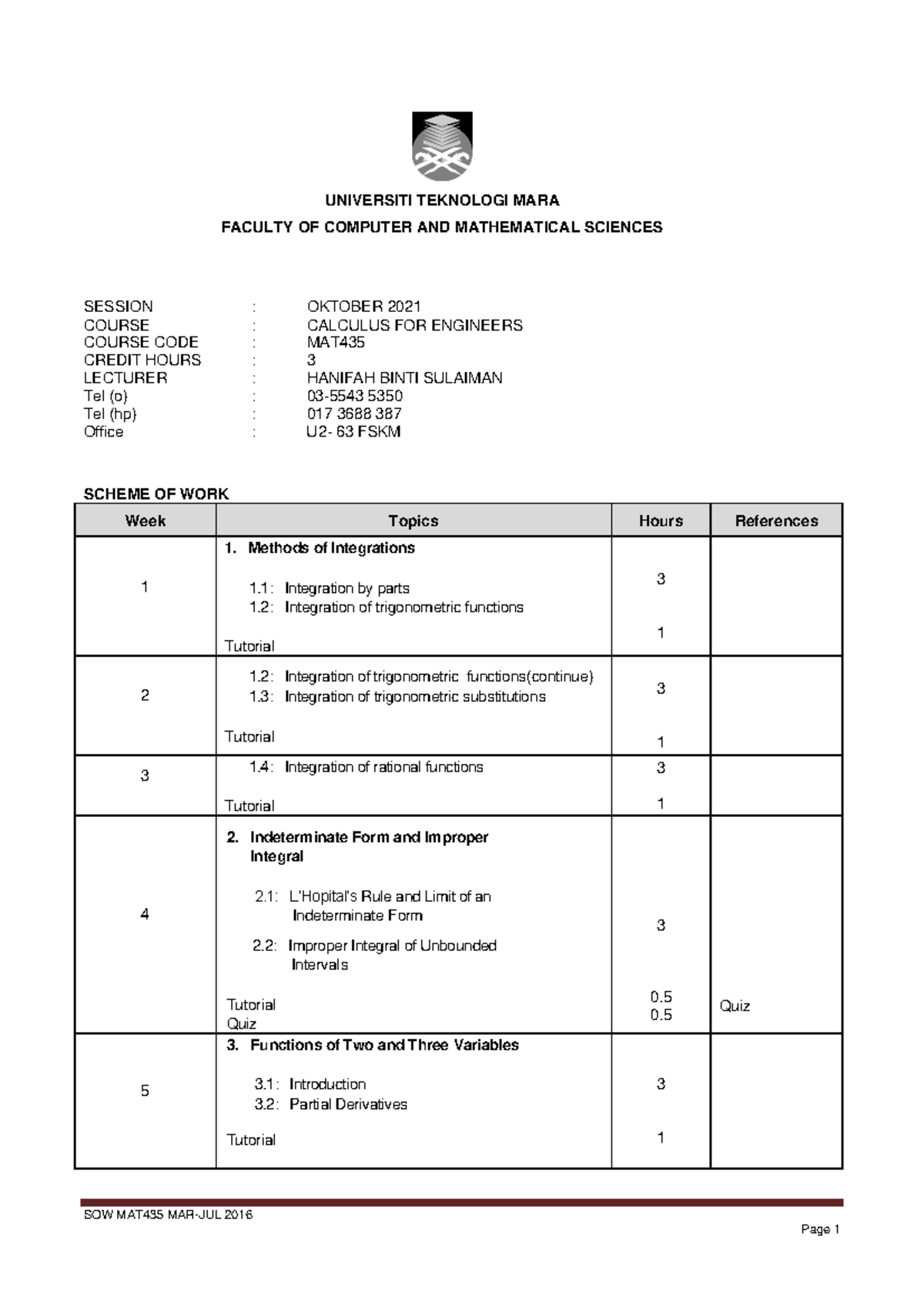 Scheme OF WORK MAT435 - Calculus I - UiTM - Studocu