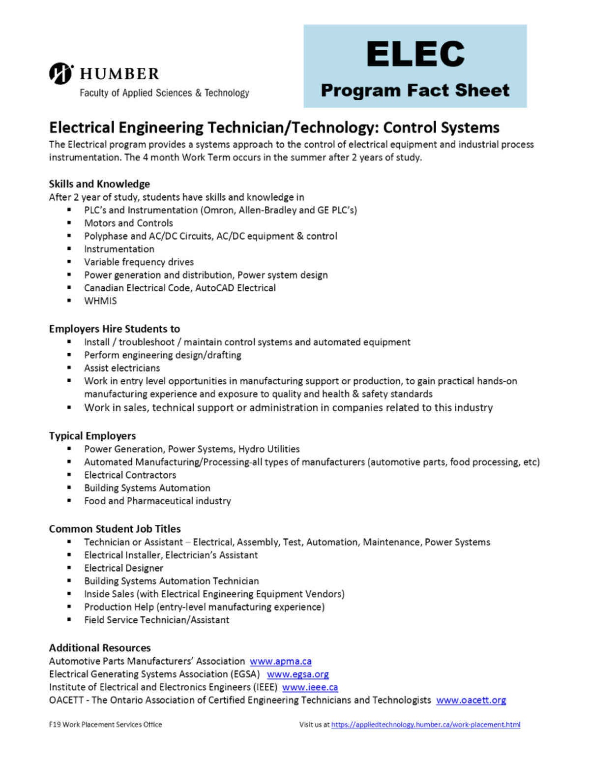 Electrical Engineering Technology Control Systems Program Fact Sheet