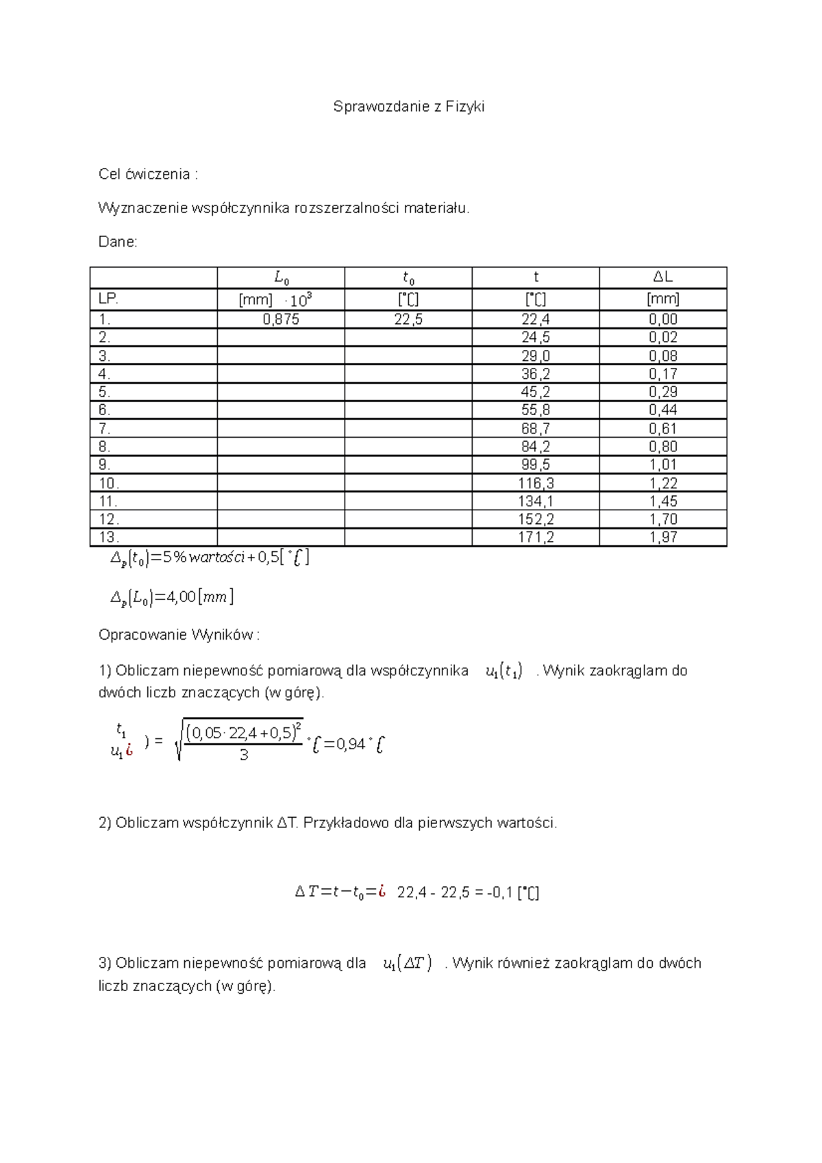 Fizyka laboratoria rozszerzalność metalu - Sprawozdanie z Fizyki Cel