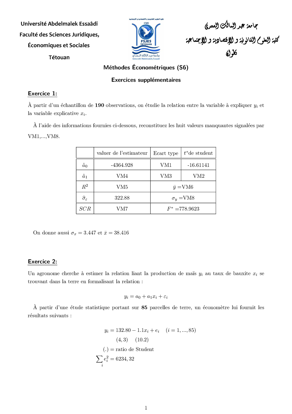 Exercices Supplementaires - Méthodes Économétriques (S6) Exercices ...