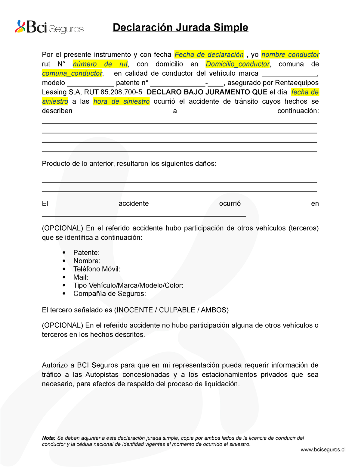 Declaración Jurada Simple Bci Declaración Jurada Simple Por El Presente Instrumento Y Con 5124